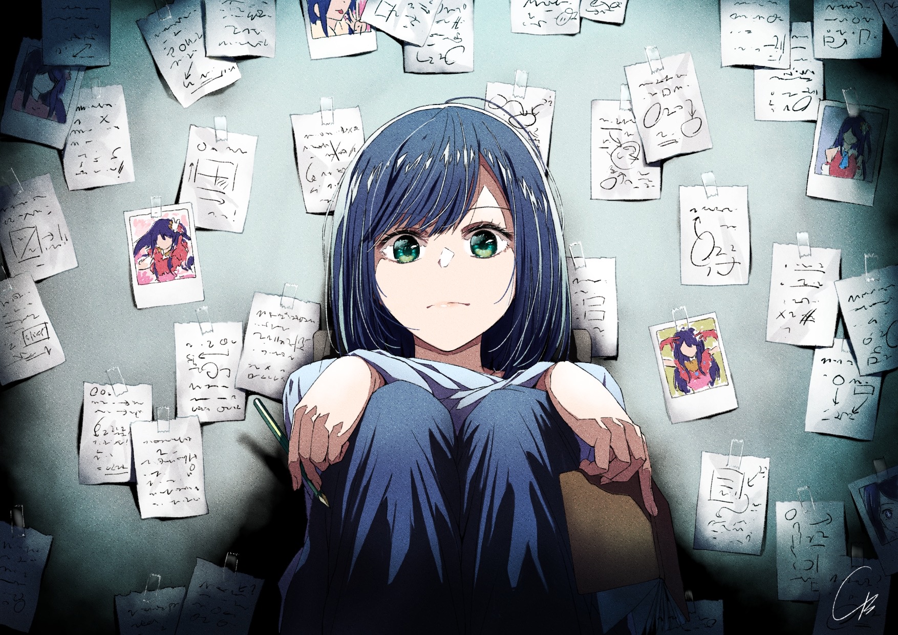Anime Anime Girls Akane Kurokawa Blue Hair Green Eyes Pencils Looking At Viewer Notes 1754x1240