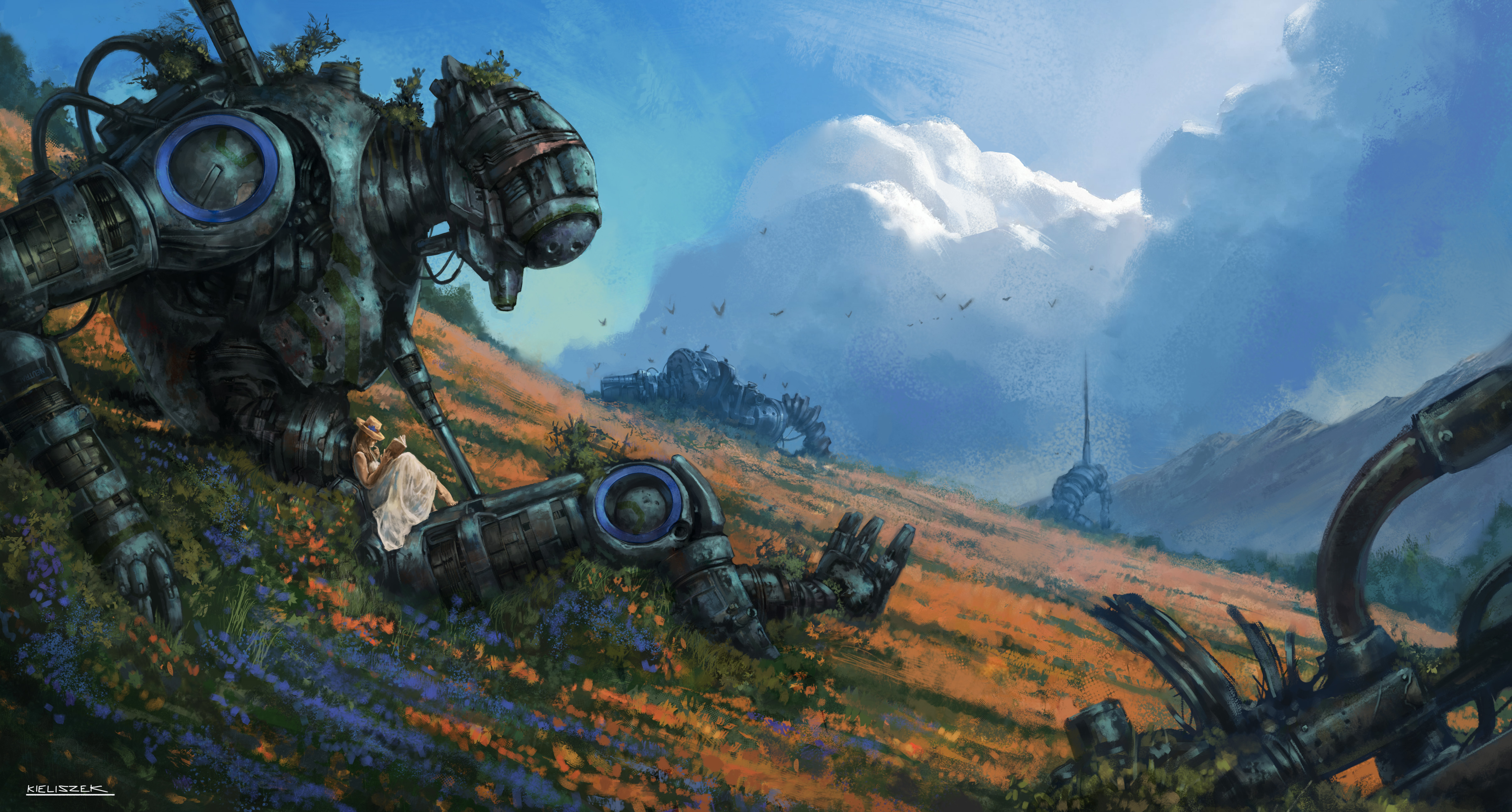 Digital Art Artwork Illustration Digital Painting Dariusz Kieliszek Robot Landscape Field Clouds Bir 4814x2584