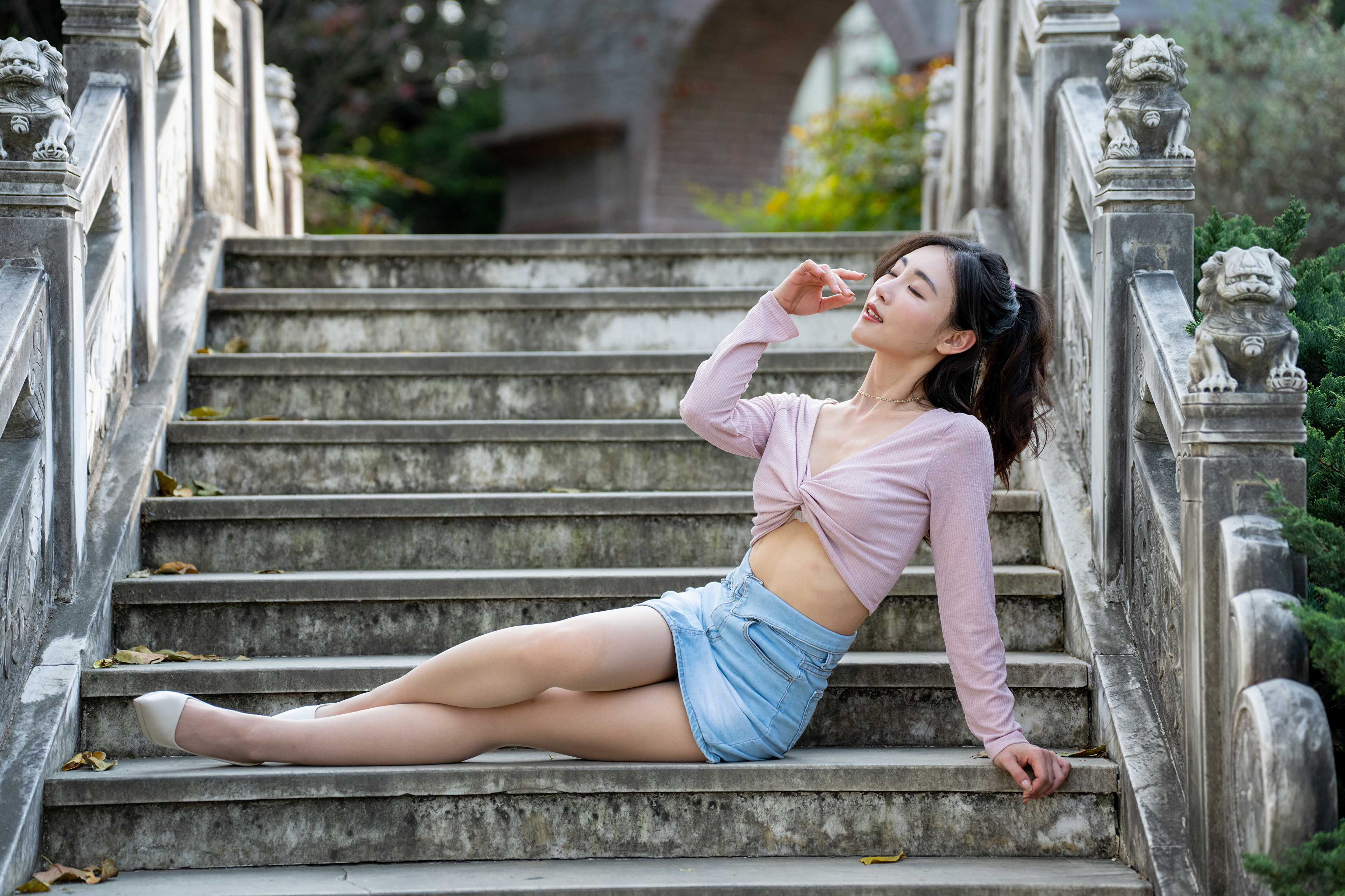 Asian Model Women Long Hair Dark Hair Lying On Side Stairs Pale 3840x2559