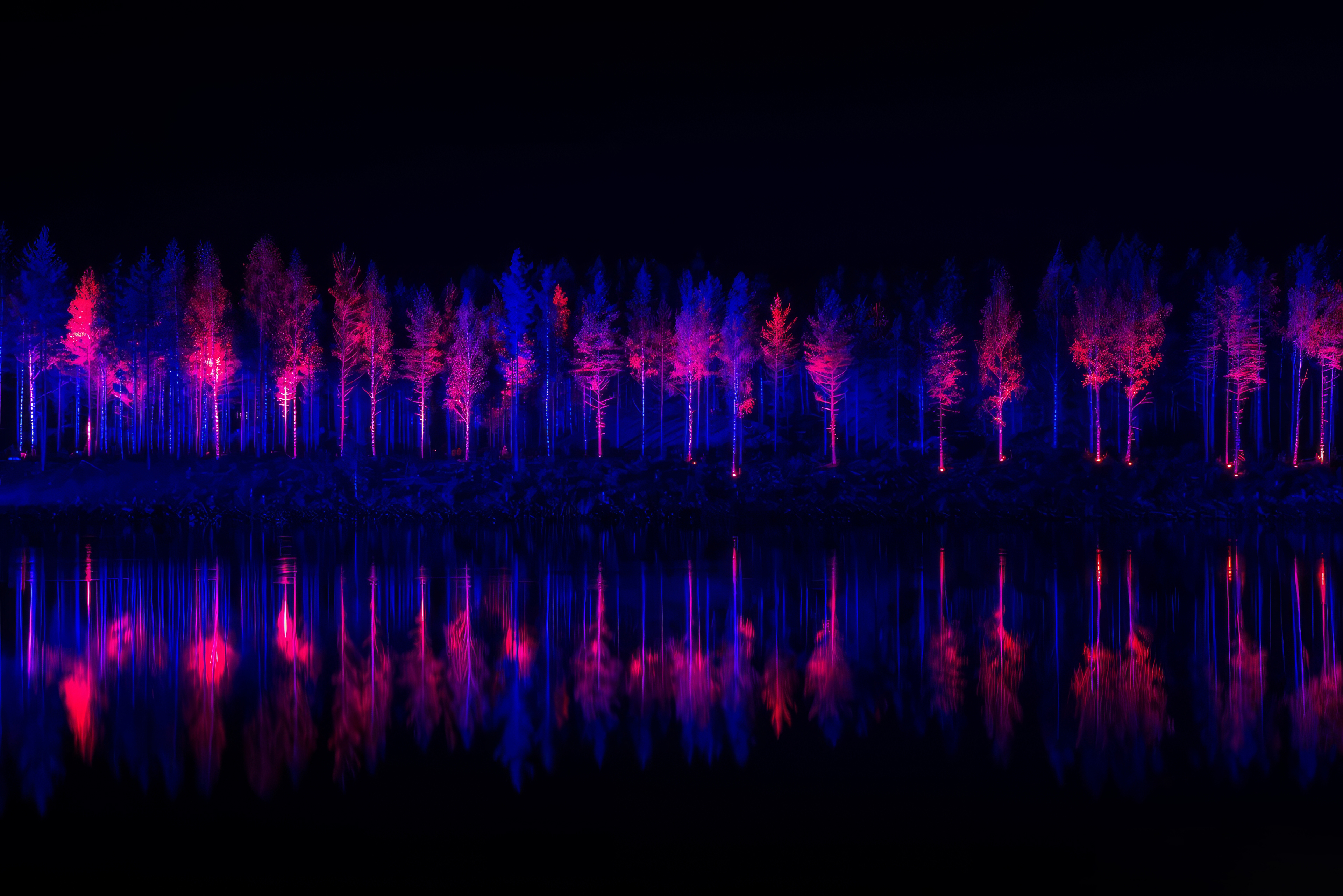Trees Neon Glowing Night Blue Pink Sea Water 3840x2562