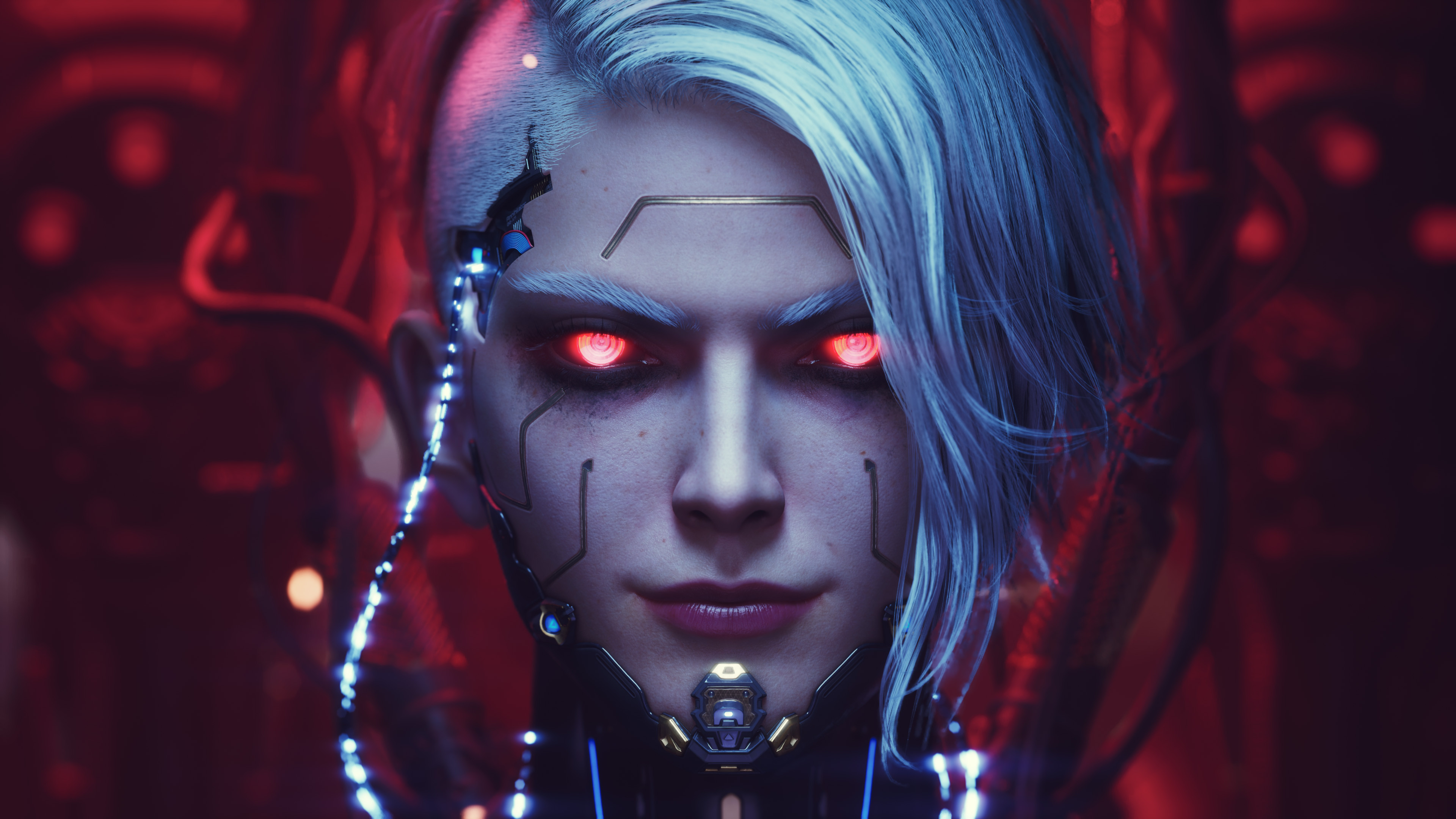 Huifeng Huang CGi Cyberpunk Portrait Wires Red Eyes 3840x2160