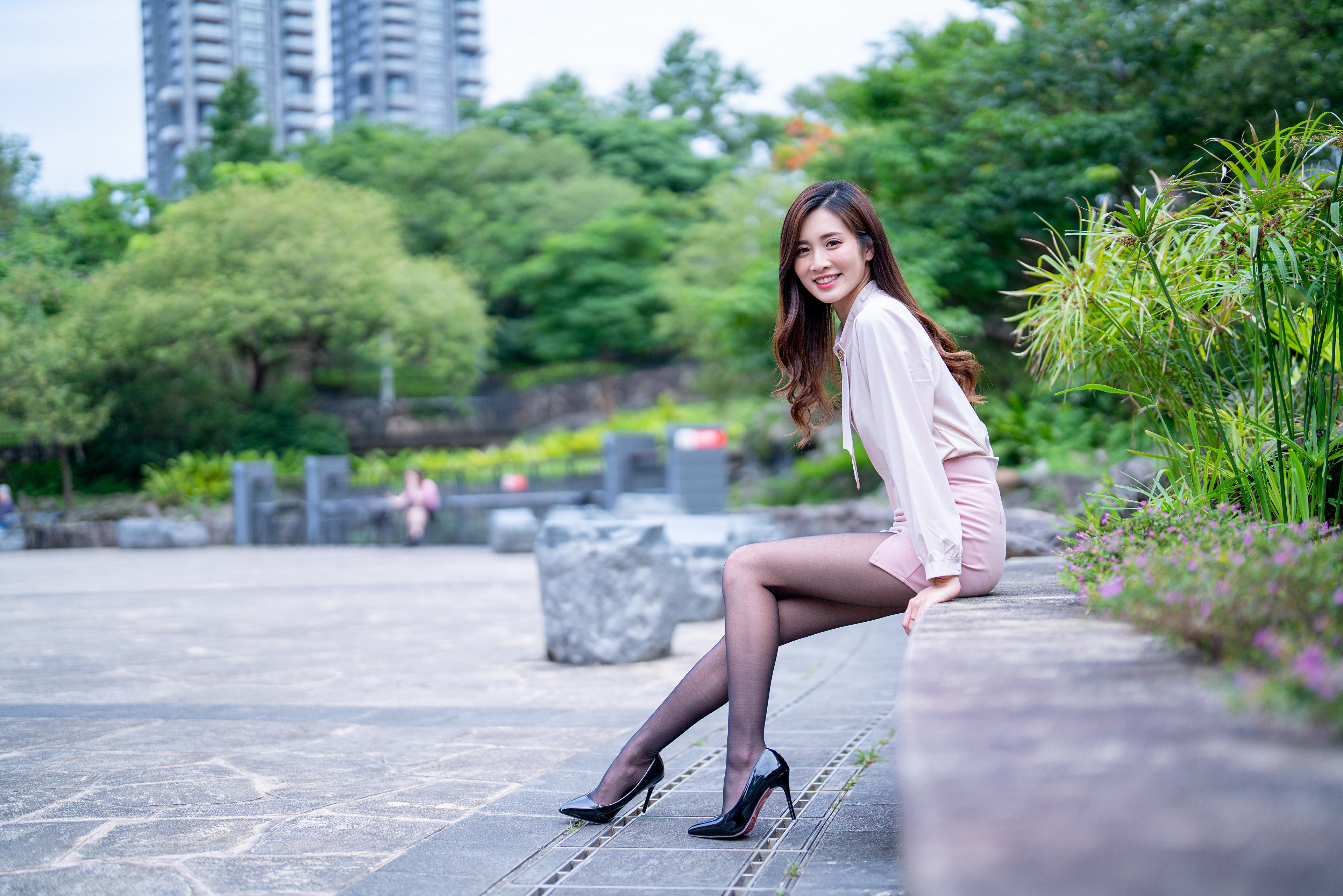 Asian Model Women Long Hair Dark Hair Sitting 3840x2561