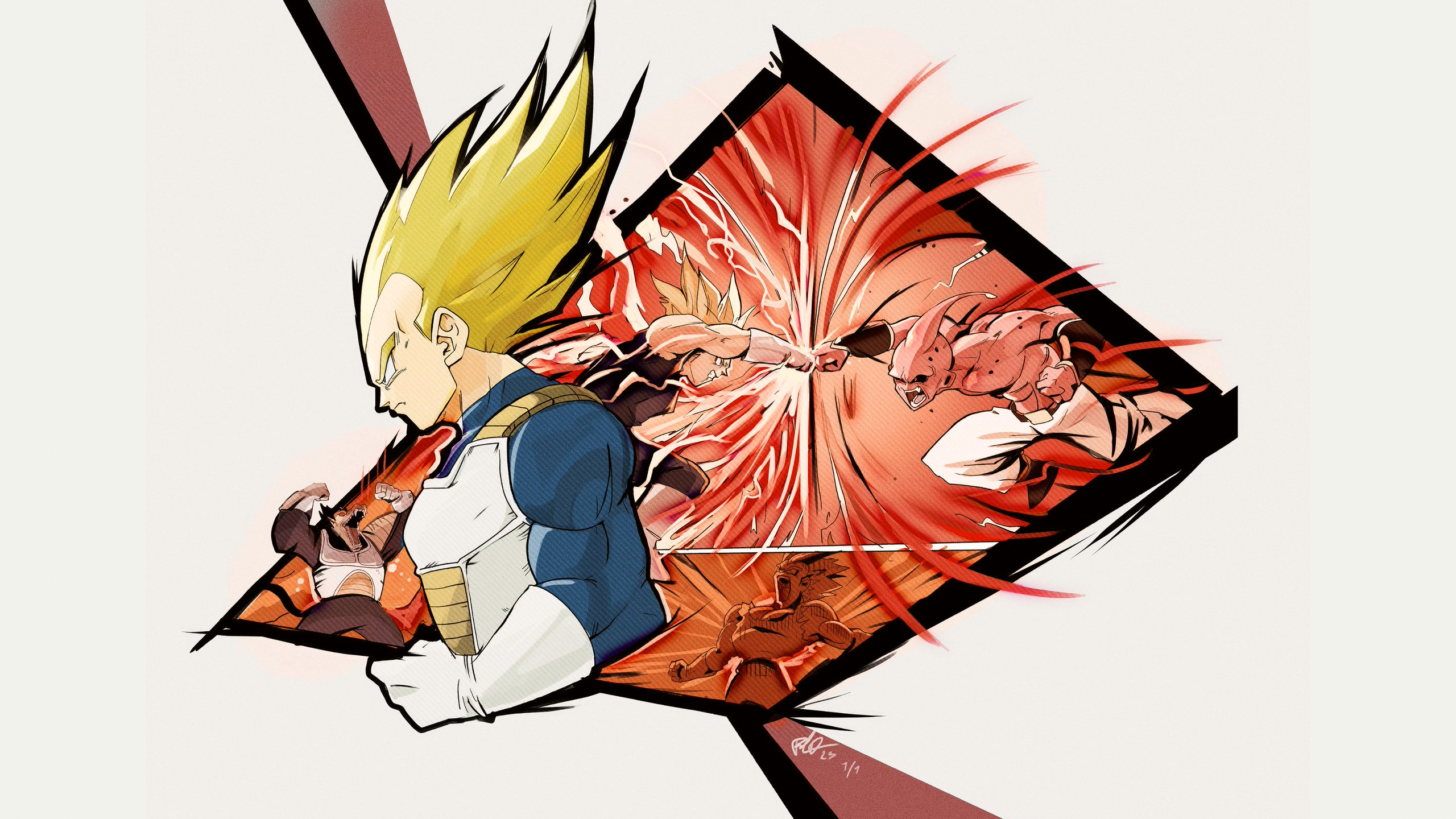 Anime Vegeta Majin Buu Great Ape White Background Fighting Muscular Armor Tight Clothing Blue Bodysu 2560x1440