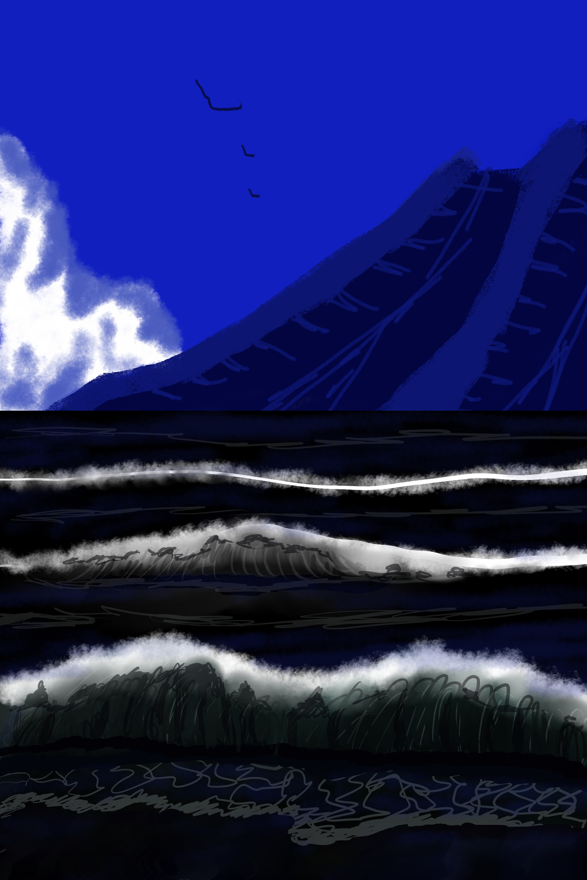 Waves Sea Water Clouds Mountains Moon 2000x3000