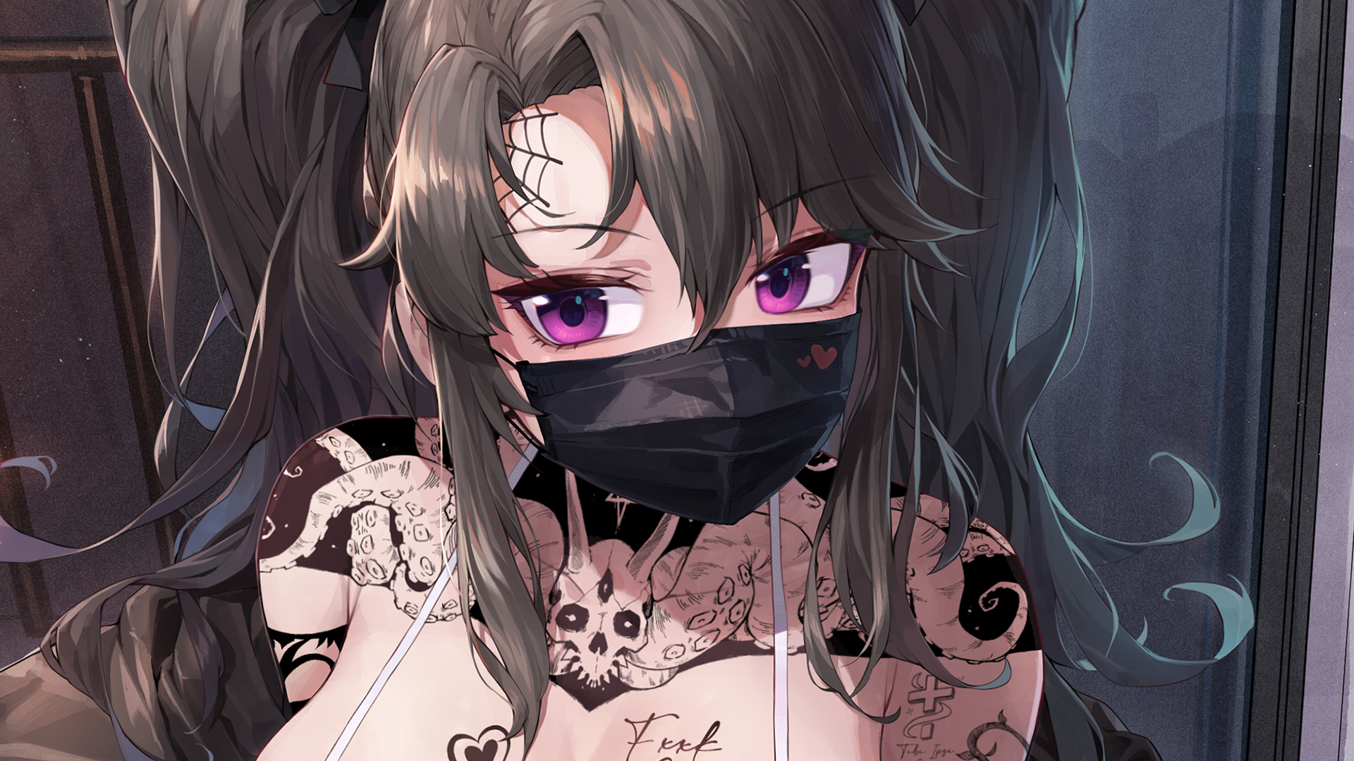 Tattoo Anime Girls Gothic Face Mask Purple Eyes 1920x1080