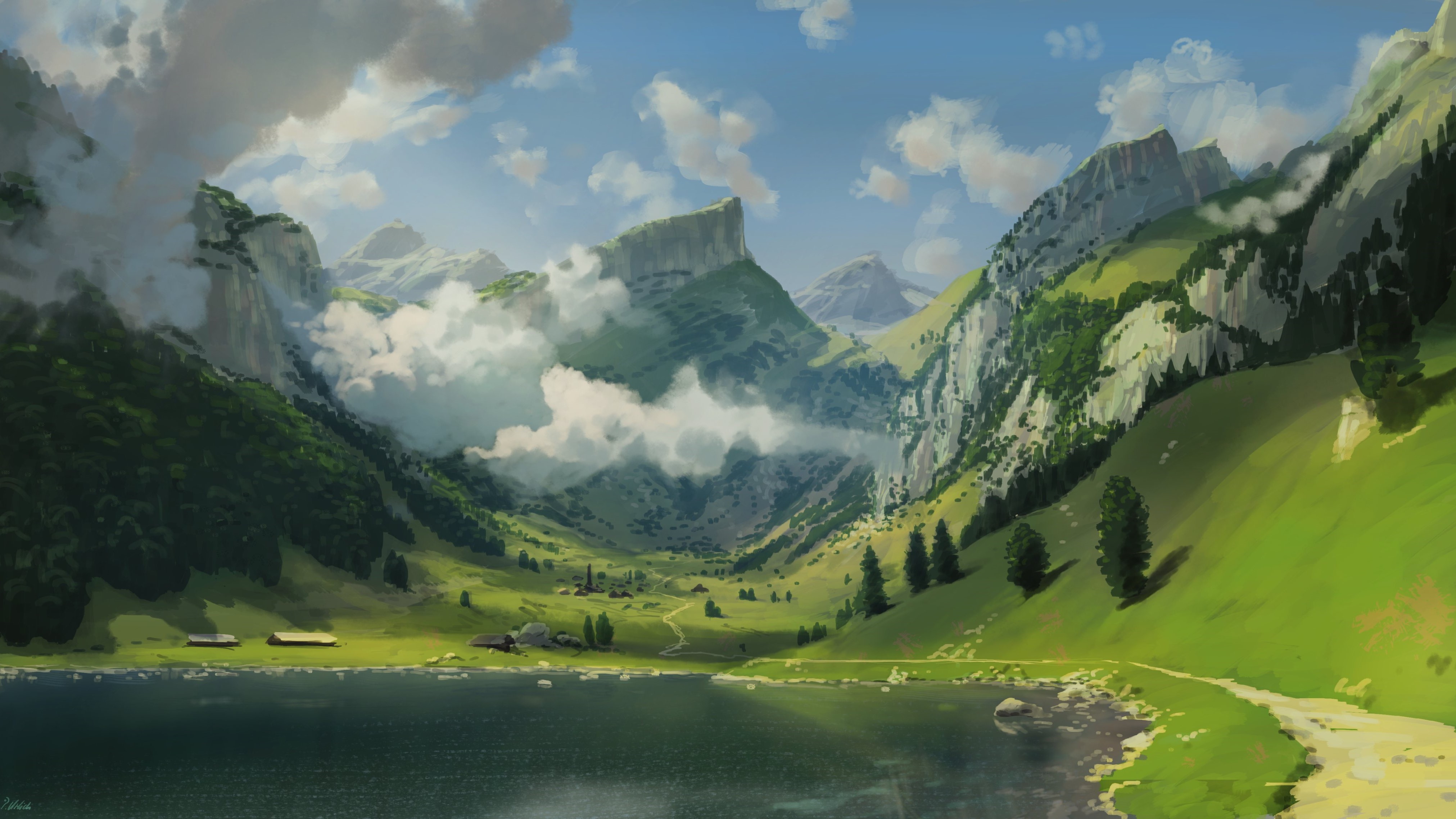 Lake Clouds Scenery Digital Art Artwork Philipp A Ulrich Mountains 4046x2276