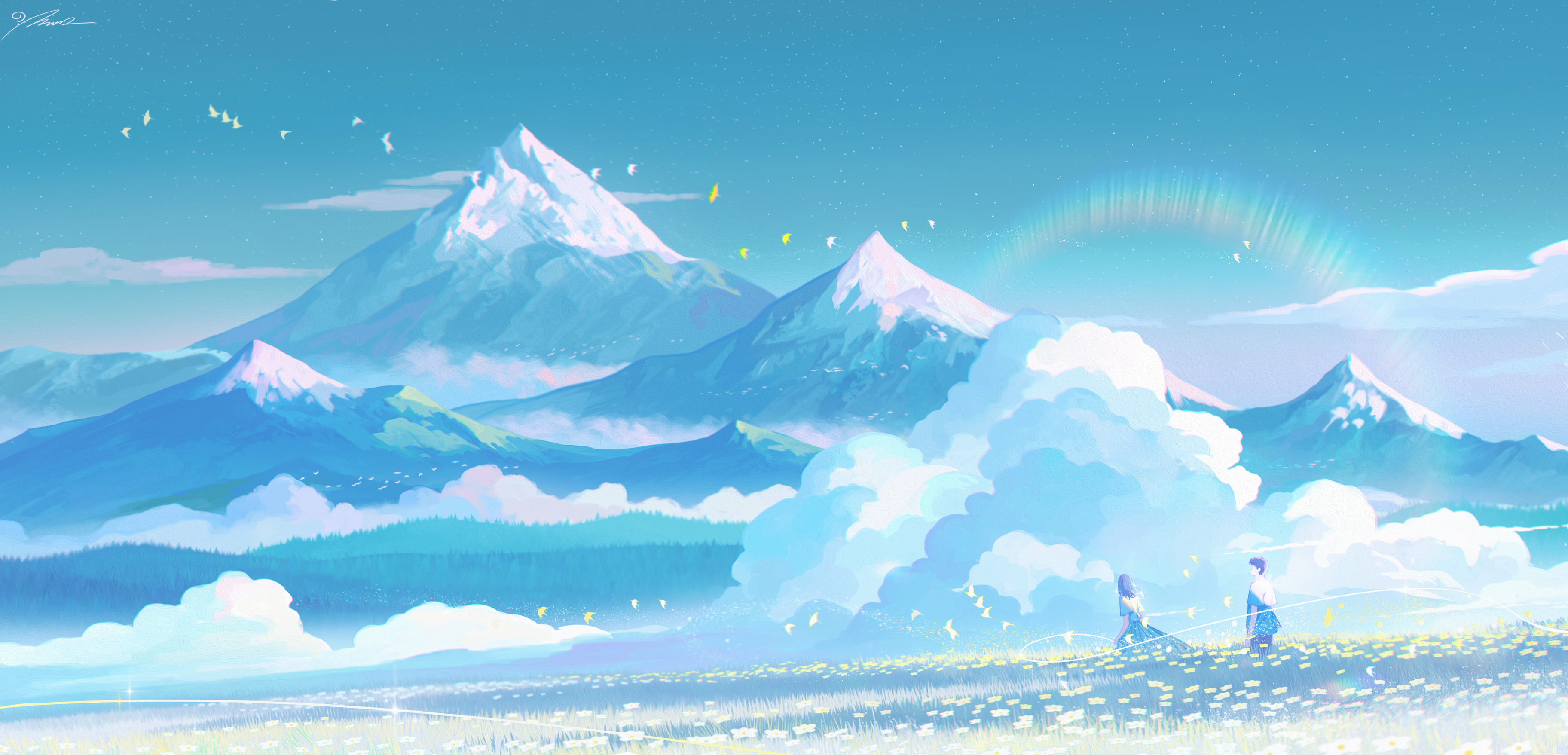 Digital Art Artwork Illustration Digital Painting Fantasy Art Landscape Nature Mountains Clouds Fiel 3649x1757