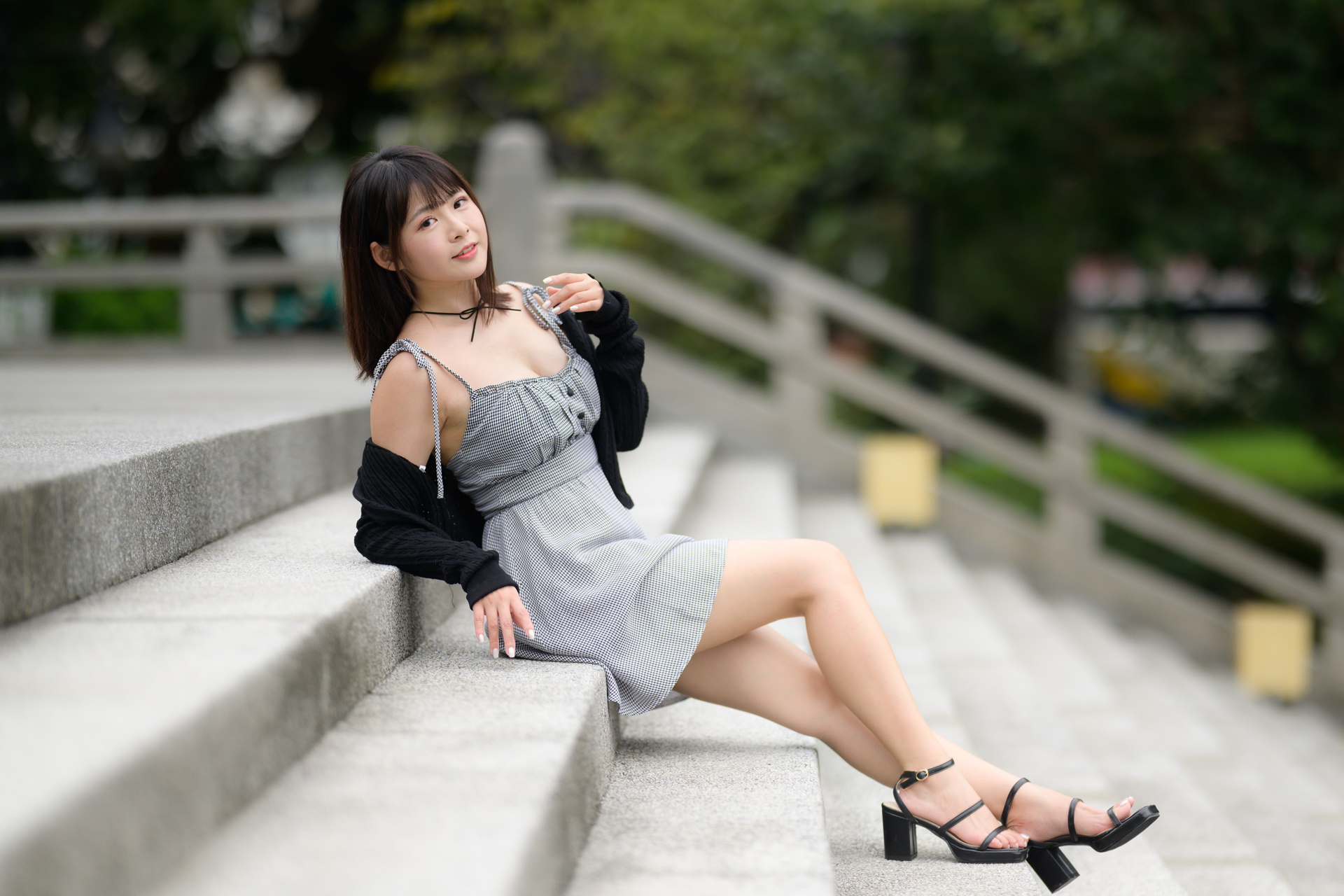 Asian Model Women Long Hair Dark Hair Sitting Barefoot Sandal Stairs 1920x1280