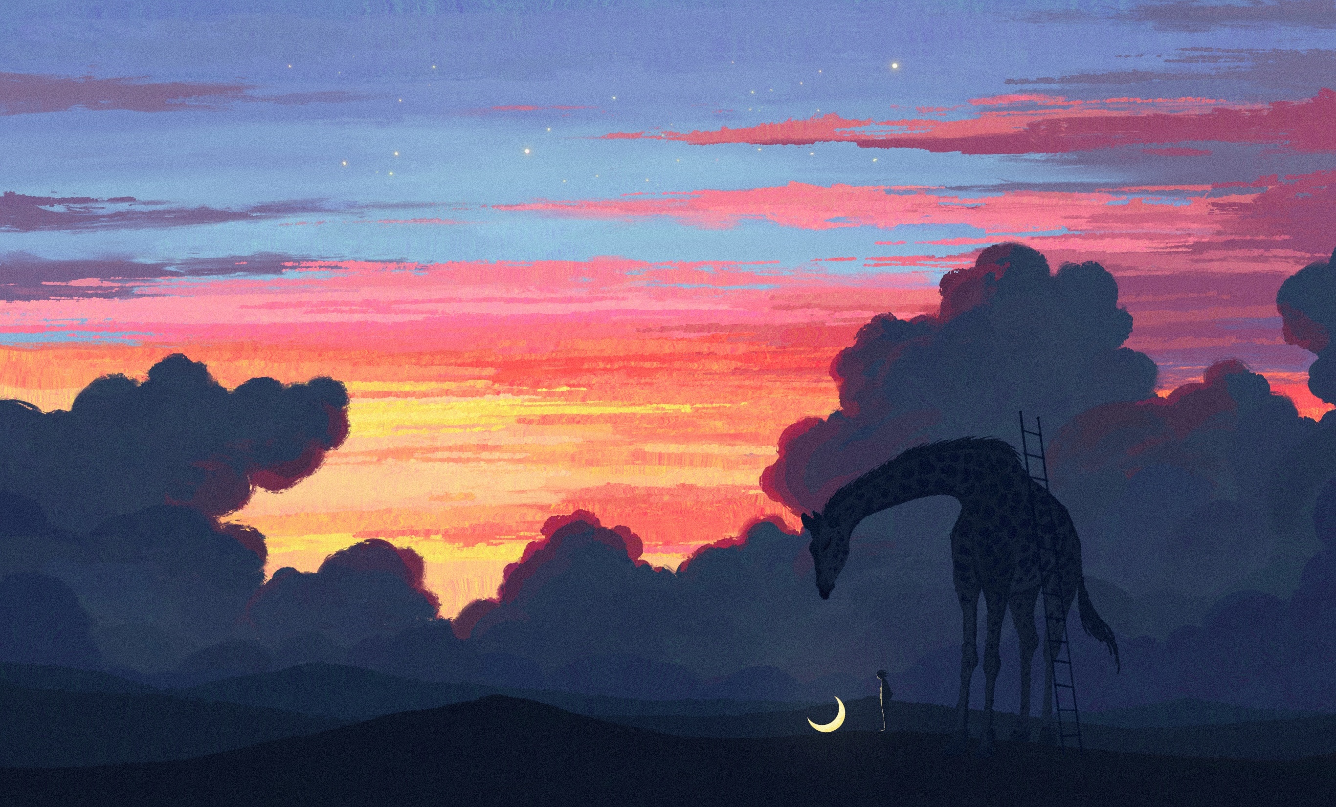 Fangpeii Digital Art Illustration Artwork Landscape Clouds Sky Giraffes Animals Moon Sunset Nature S 2732x1651