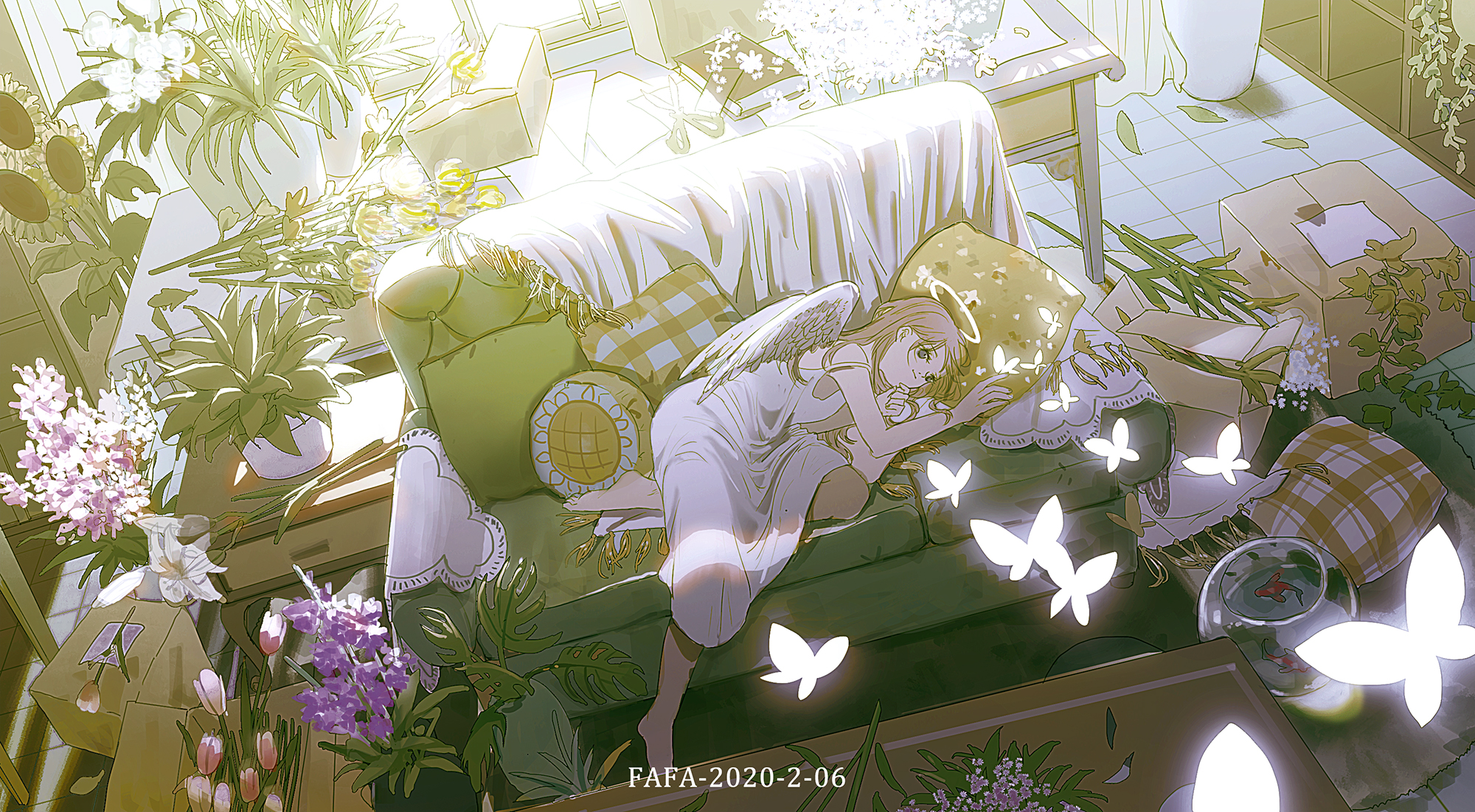 Angel Wings White Dress Butterfly Women Indoors Sunlight Lying On Couch Long Hair Closed Mouth Sleev 2000x1102