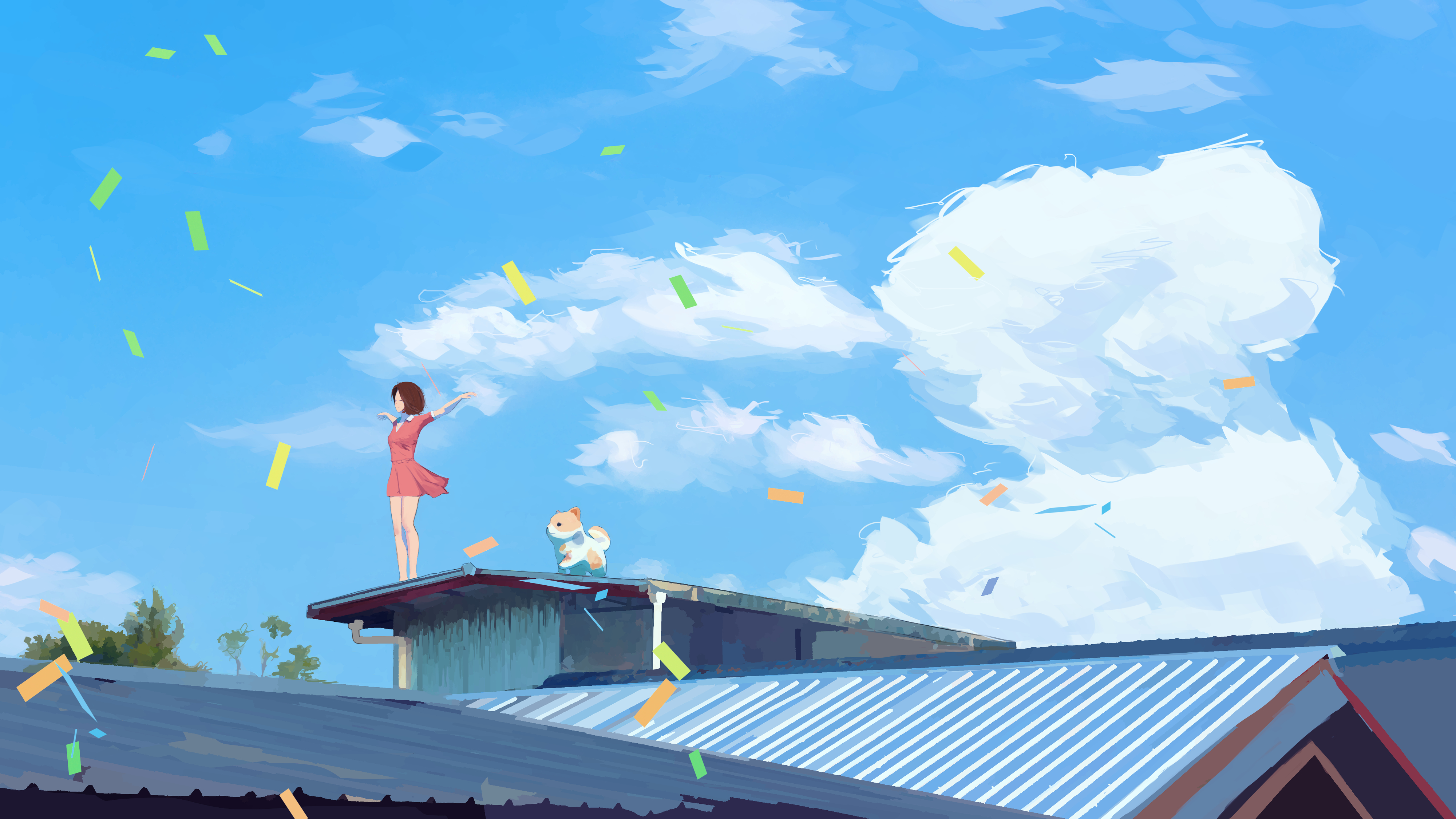 Anime Anime Girls Artwork Digital Art Clouds Sky House Painting Dog Ribbon Skirt 4000x2250