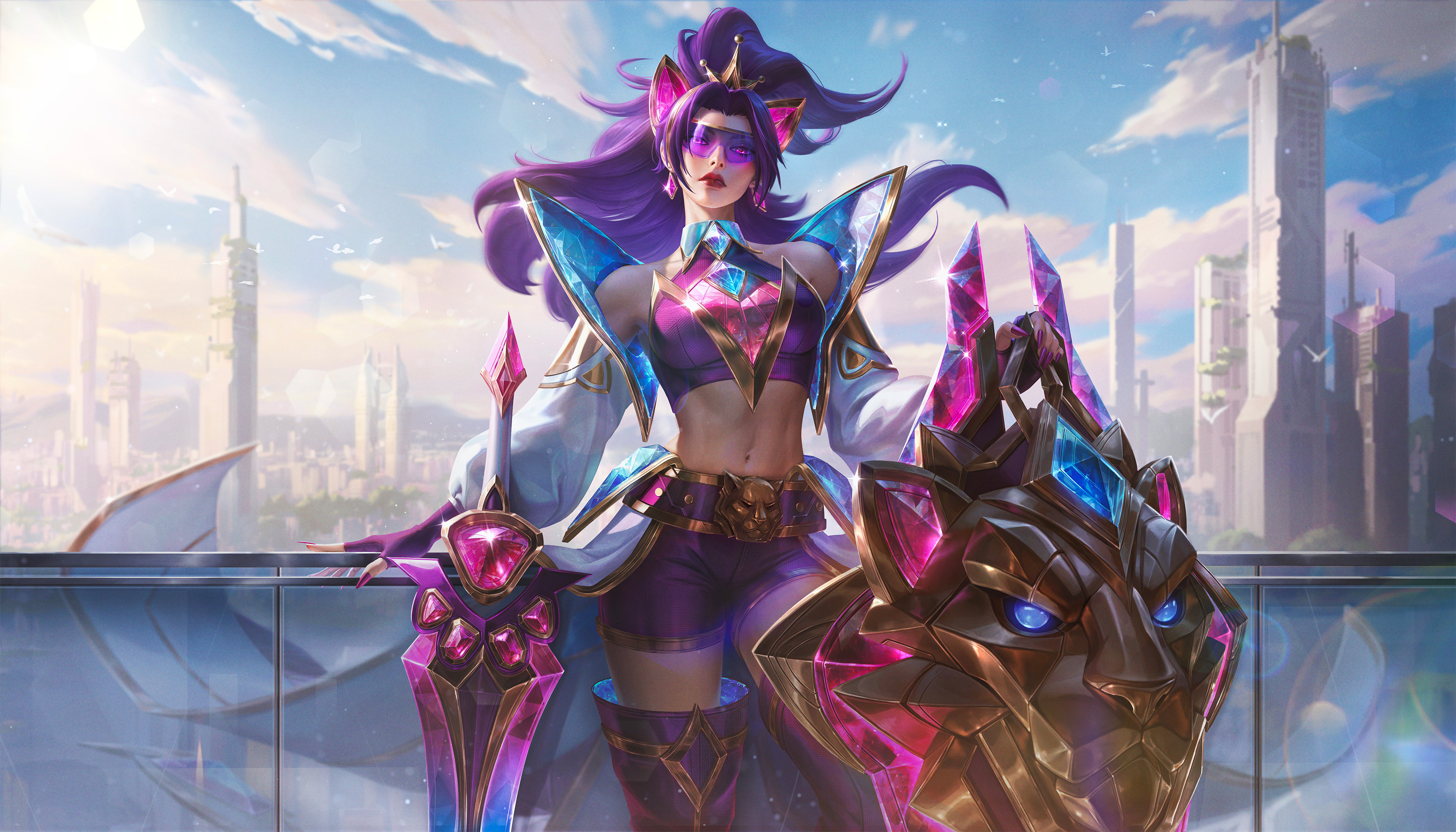 Ina Wong Drawing Leona League Of Legends Crystal Shield Pink 3350x1914