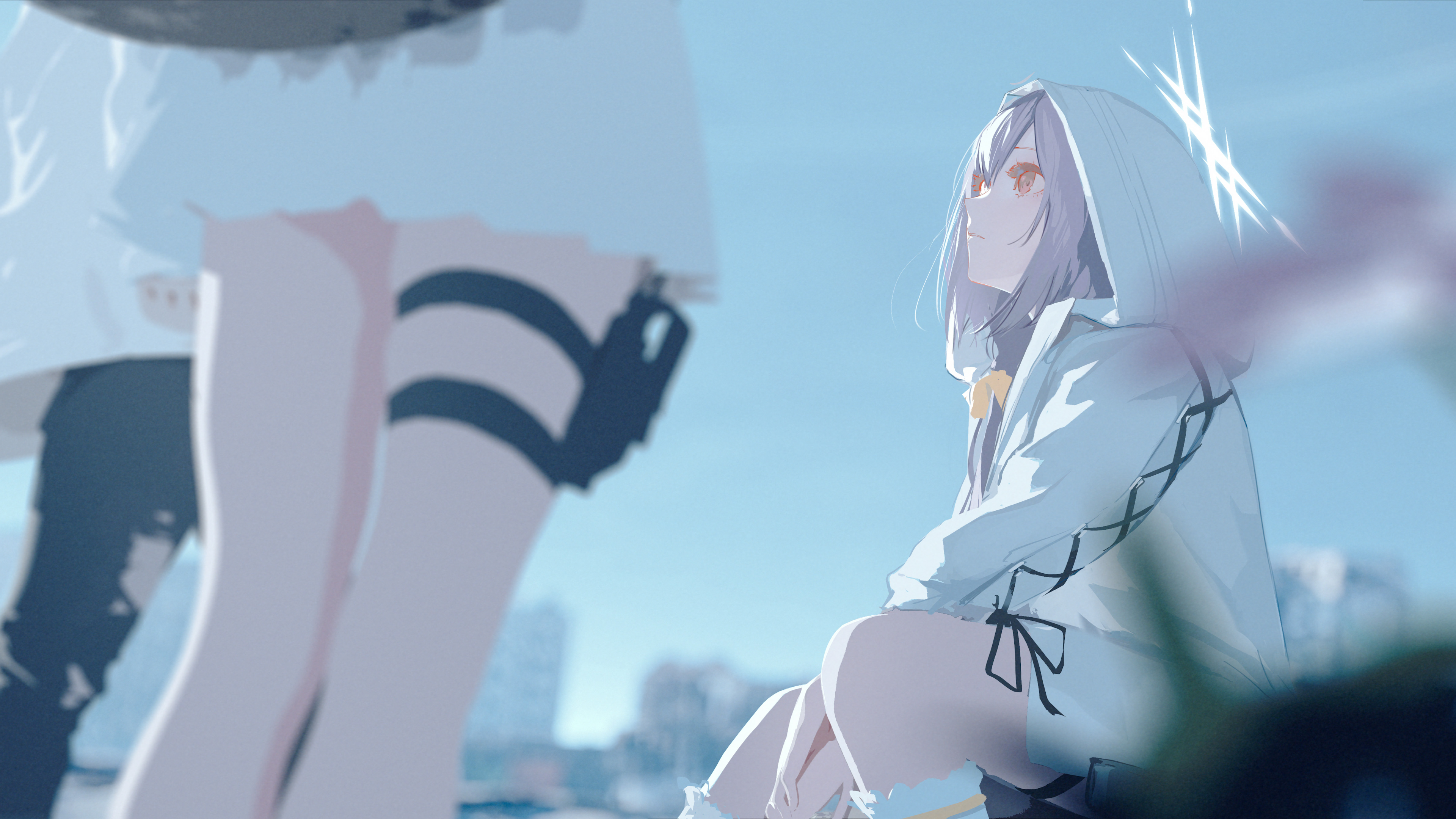 Anime Anime Girls Morning Sitting Legs Street 3840x2160