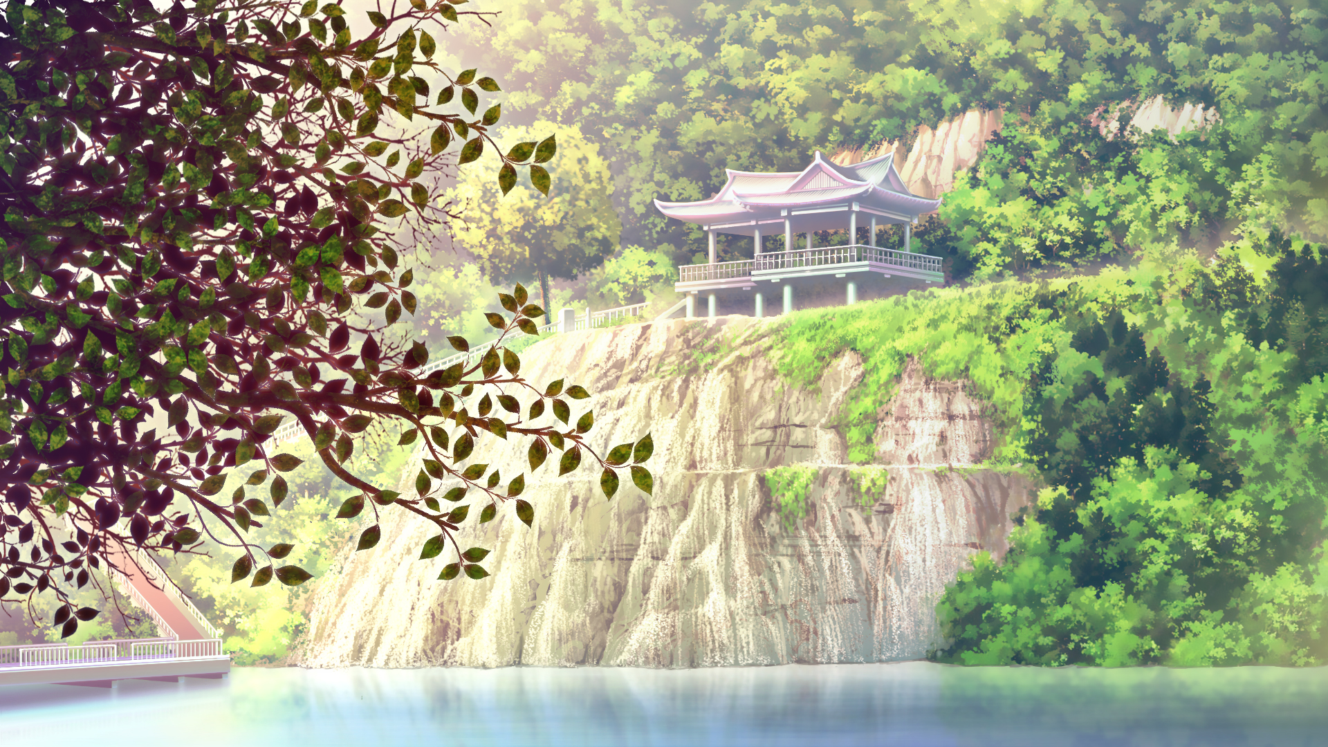 North Korea Waterfall Rimyongsu Waterfall Asian Architecture CGi Water River Trees Stairs Bushes Cli 1920x1080