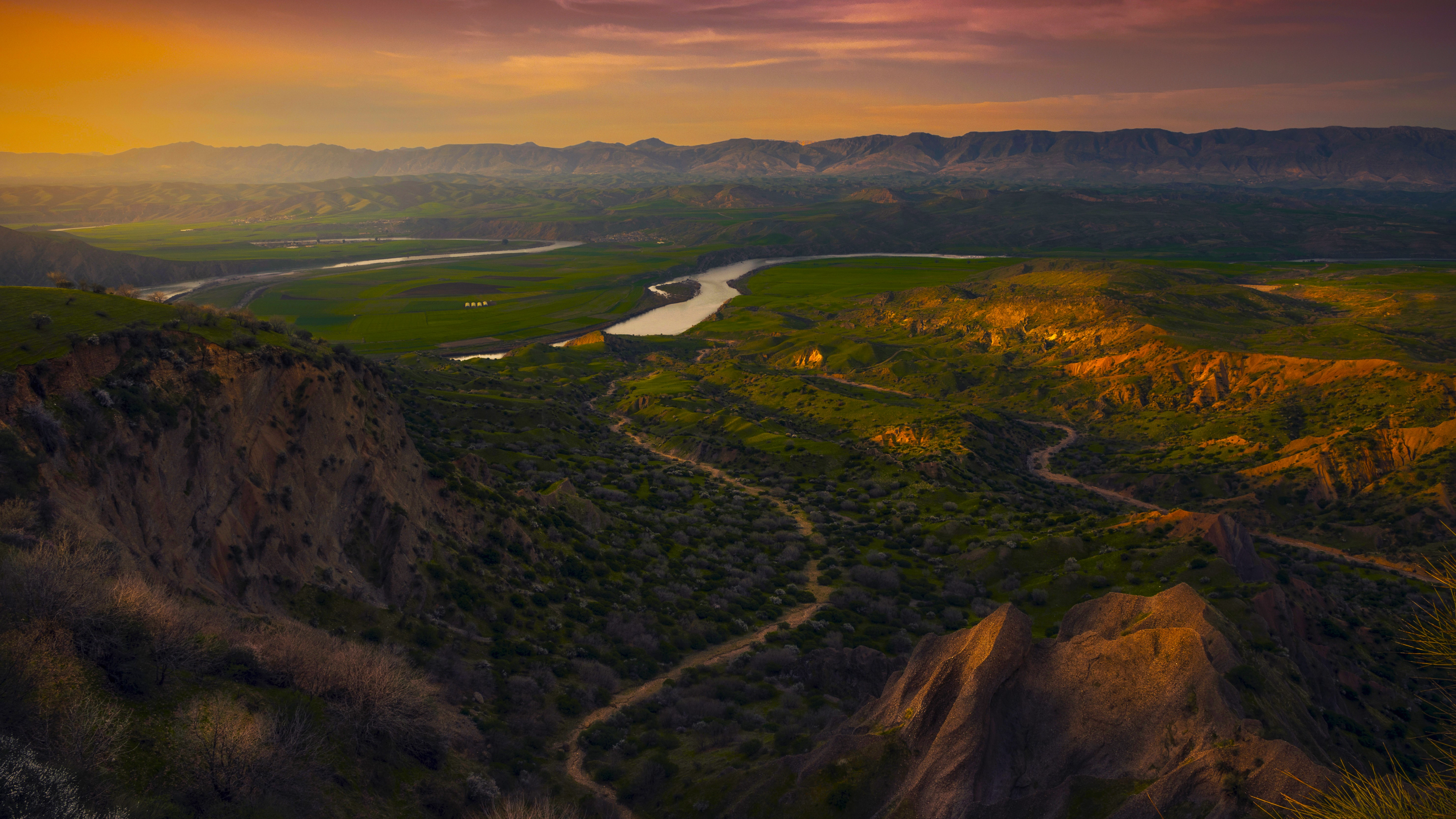 Nature Landscape Mountains River Clouds Sky Plants Dirt Road Sunset Hills Far View Mountain View Yos 3840x2160