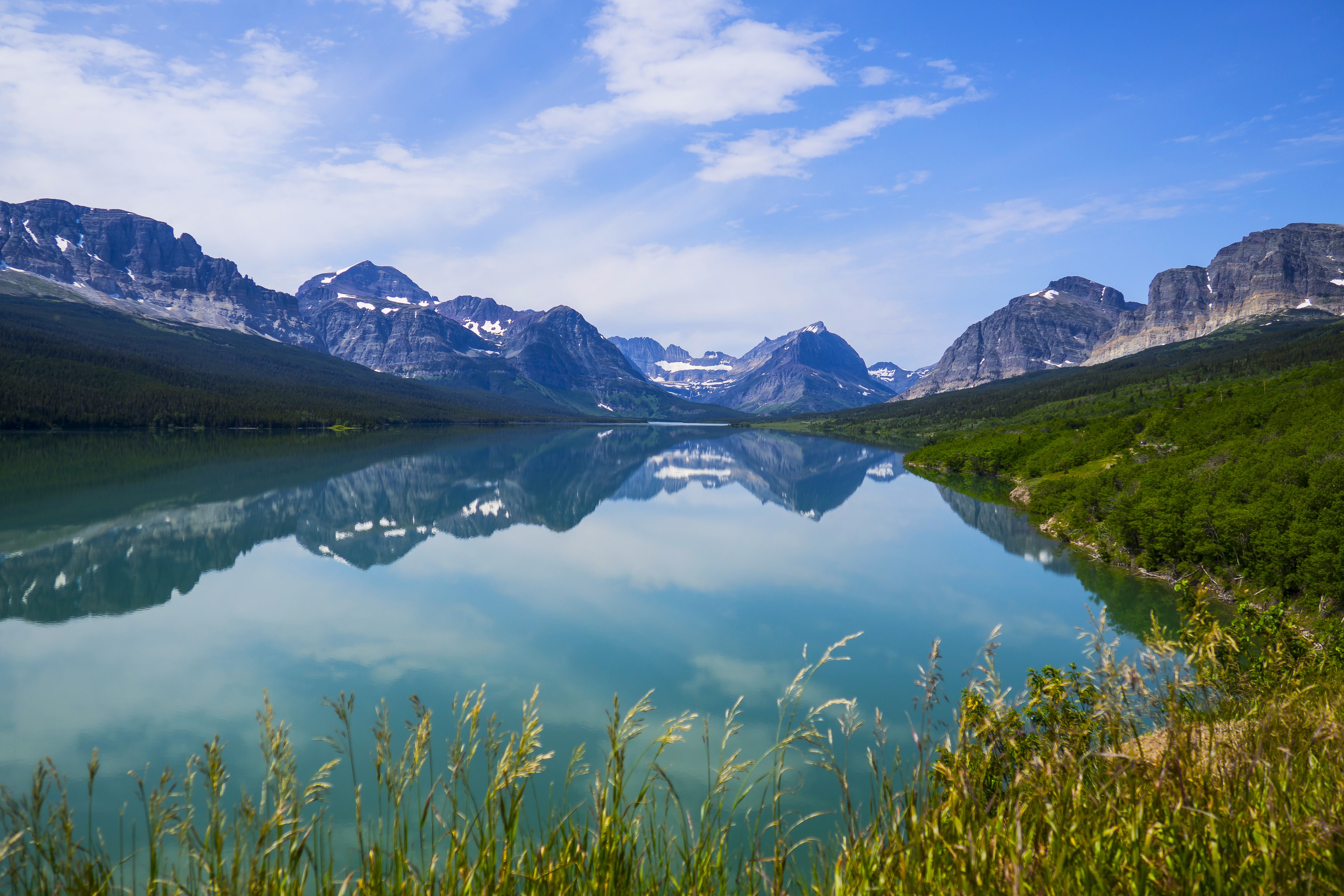 Nature Landscape Sky Clouds Mountains Trees Forest Grass Water Reflection Snow Lake Glacier National 4608x3072