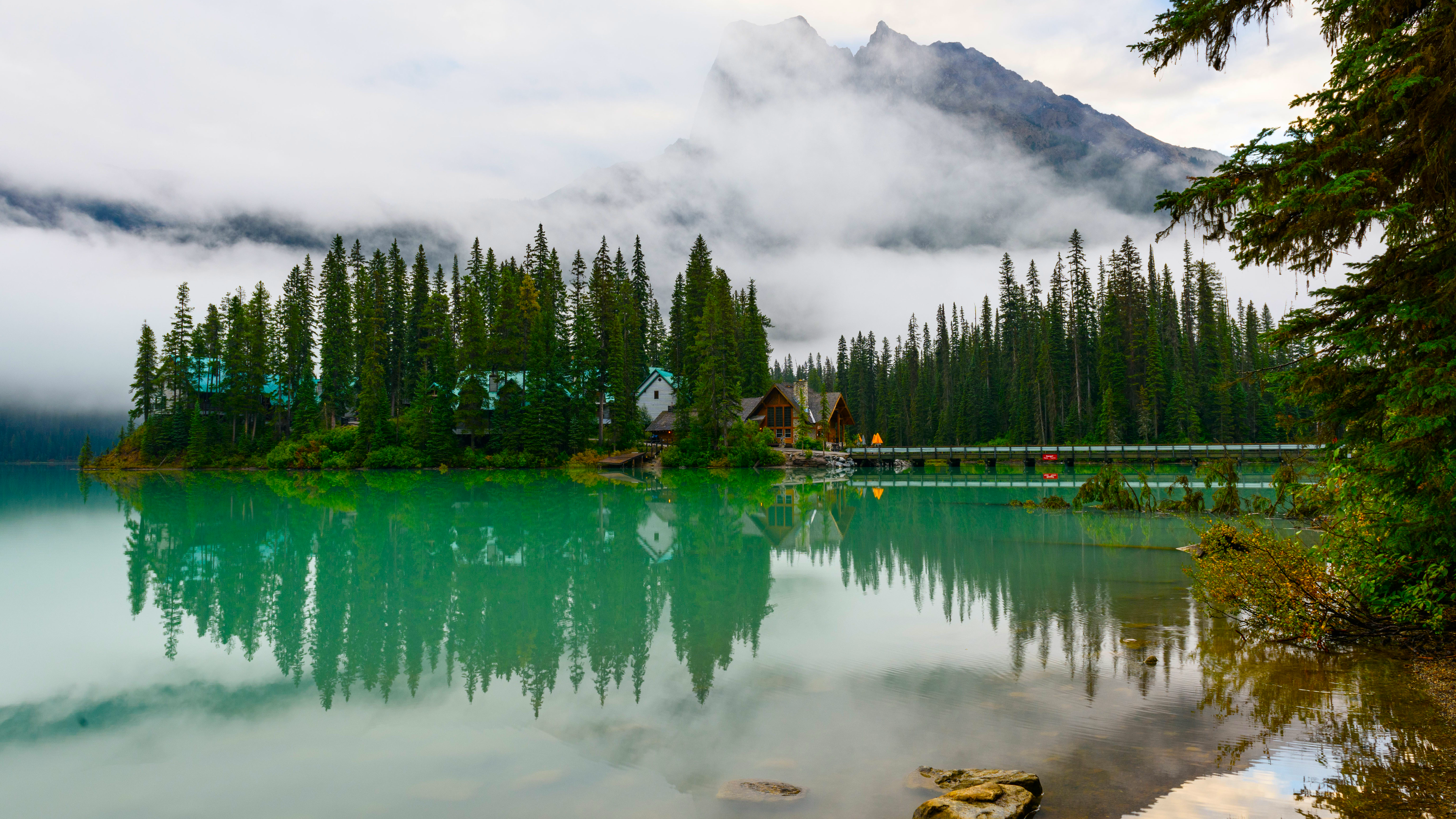 Nature Landscape Trees Clouds Pine Trees Mist Water Lake Rocks Plants Bridge Mountains Emerald Lake  3840x2160