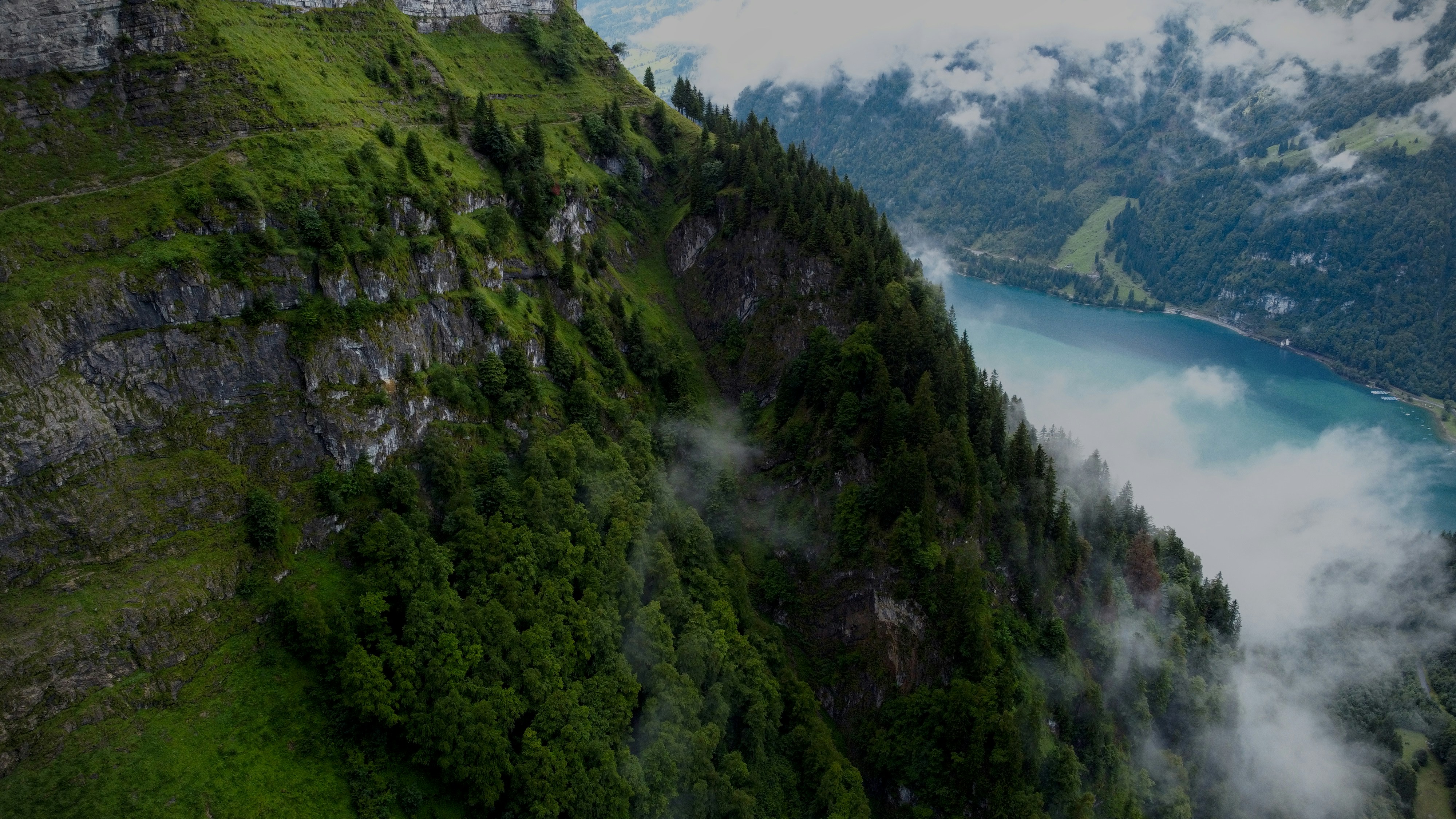 Nature Landscape Mountains Trees River Valley Clouds Grass Fog Klontalersee Switzerland 4000x2250