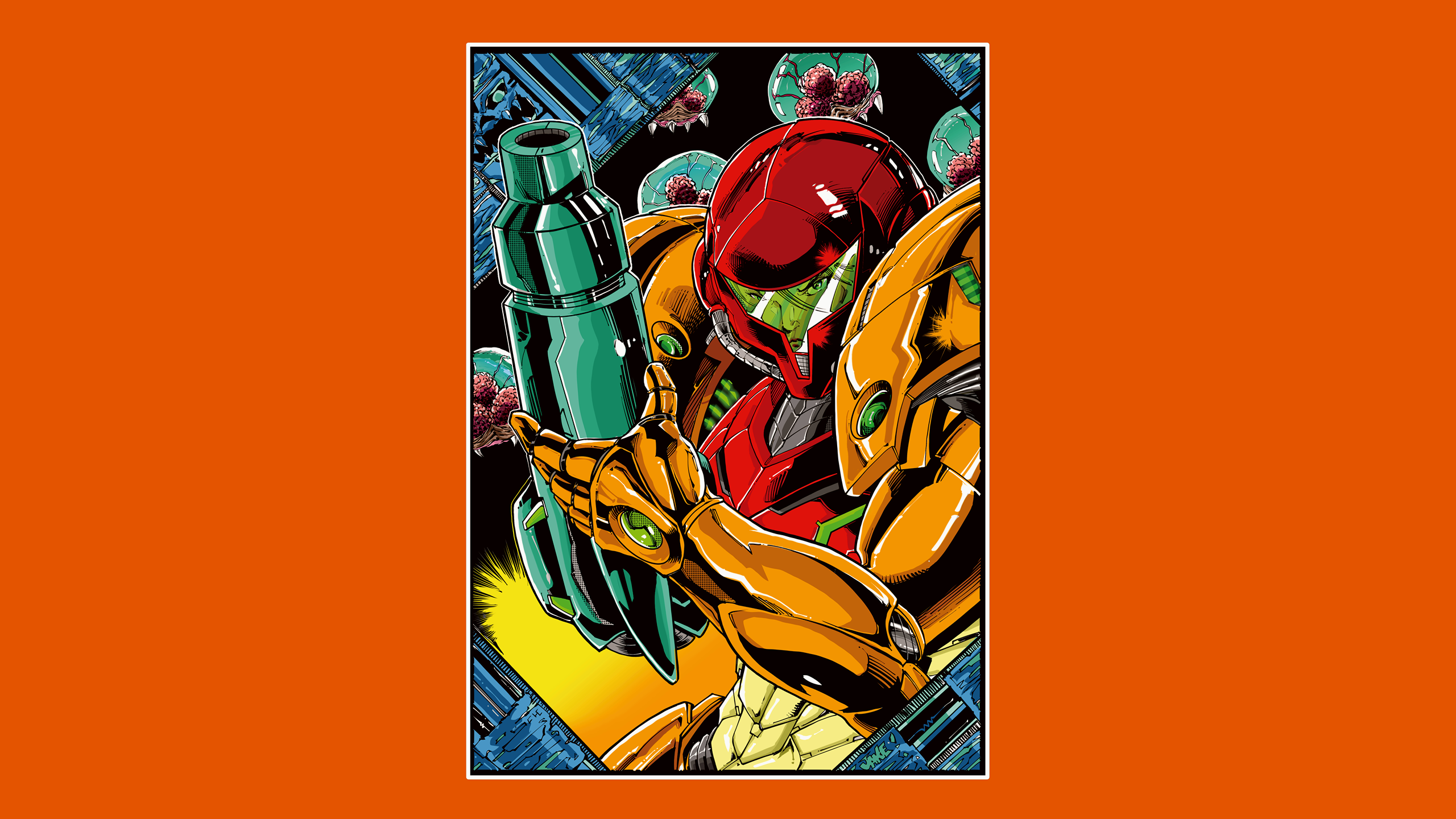 Metroid Samus Aran Armor Power Suit Orange Background Simple Background Comics Helmet Visors Nintend 2560x1440