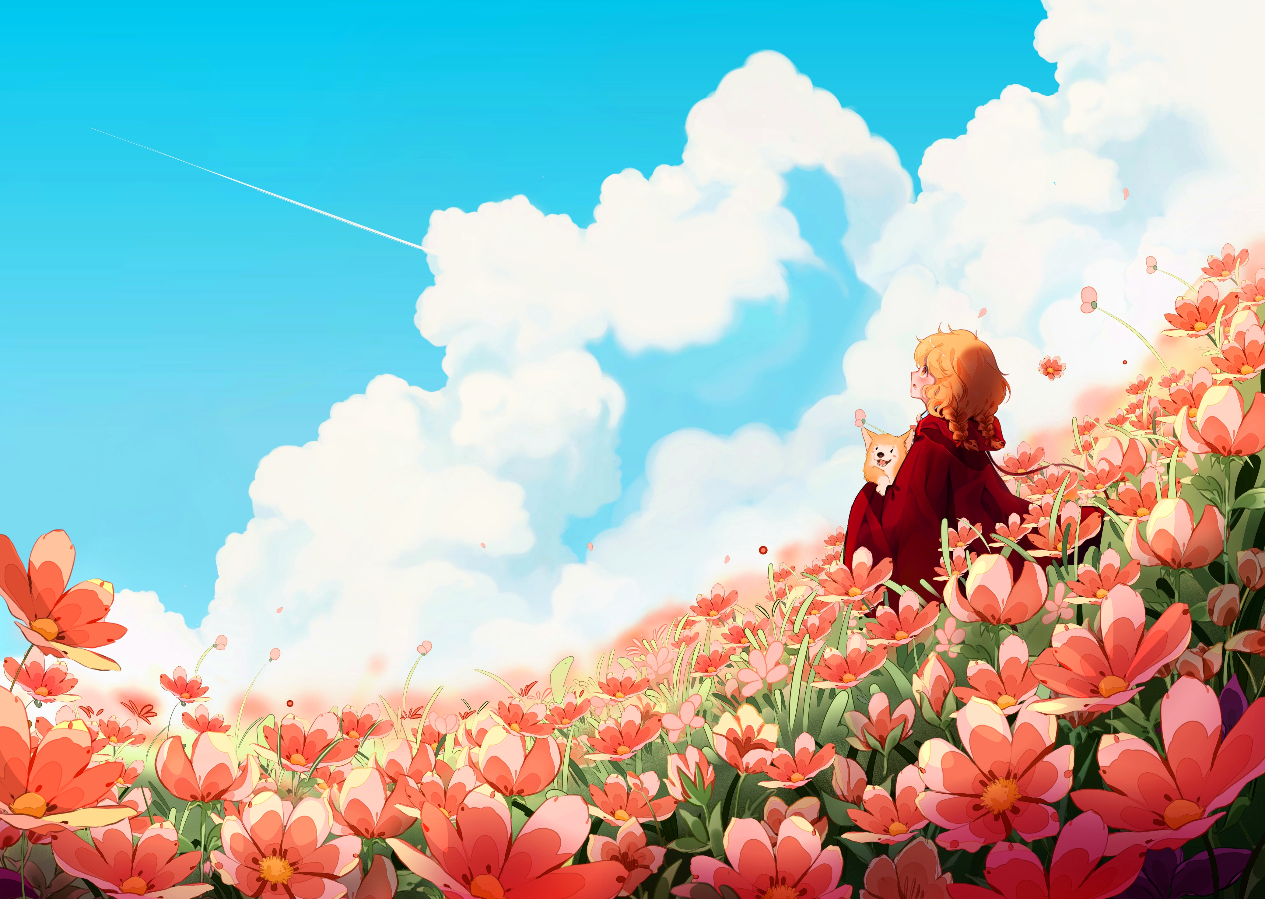 Touyachann Looking Up Pink Flowers Red Hoodie Twintails Women Outdoors Field Flowers Clouds Sky Dog  4156x2953