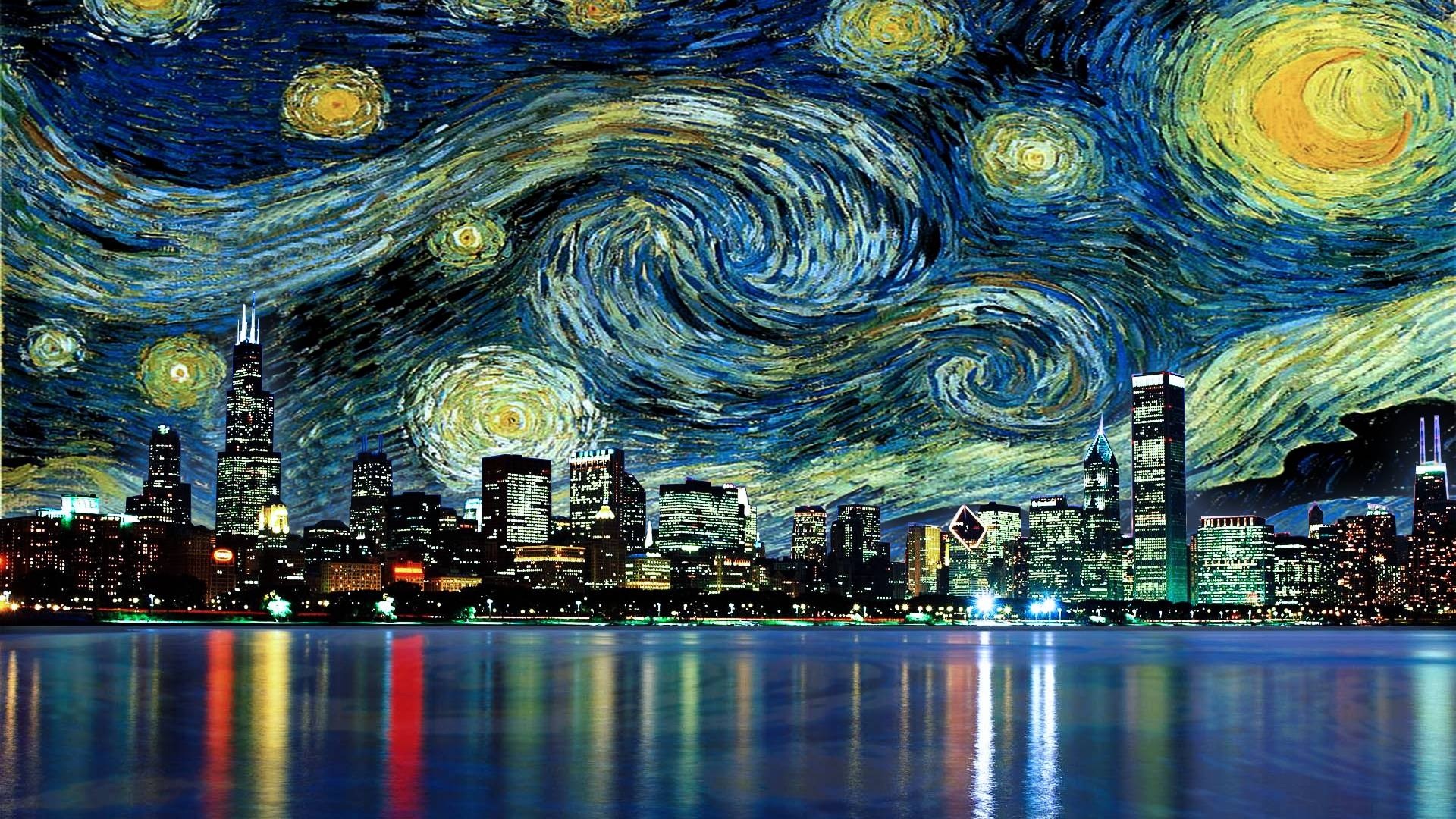 Cityscape Skyscraper Reflection Painting Vincent Van Gogh Movies Water Chicago The Starry Night Artw 1920x1080