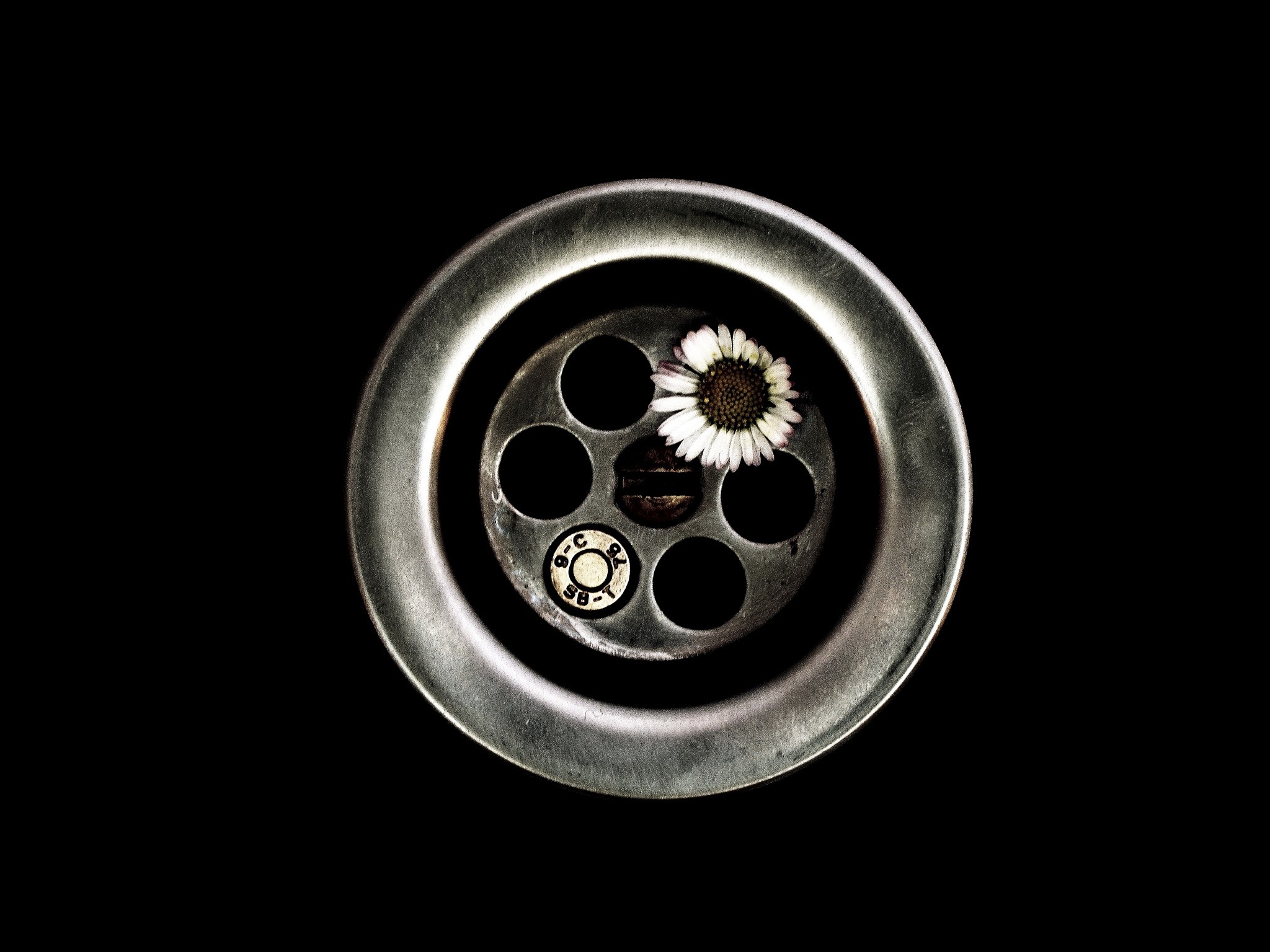 Black Background Flowers Screw Circle Metal Drains Black Holes Minimalism 2048x1536