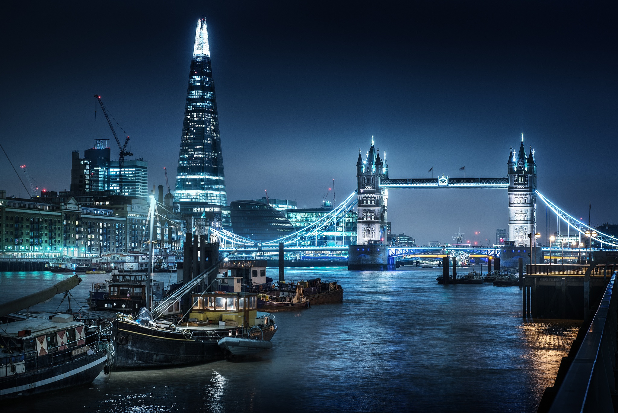 Man Made Tower Bridge Night Light Thames Blue Boat Bridge 2048x1367