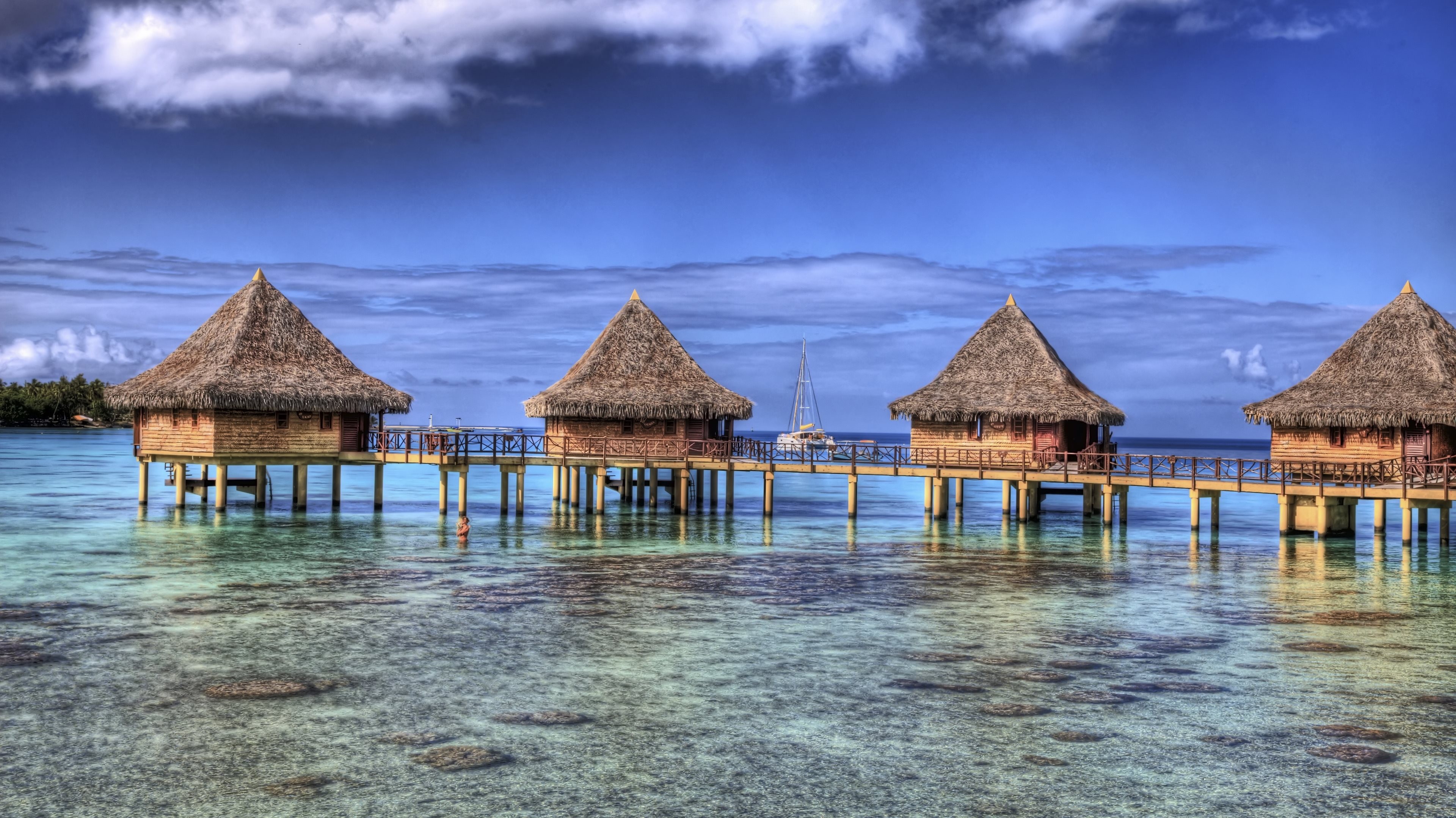 Nature Landscape Resort French Polynesia Bungalow Sea Beach Atolls Island Tropical Summer 3840x2160
