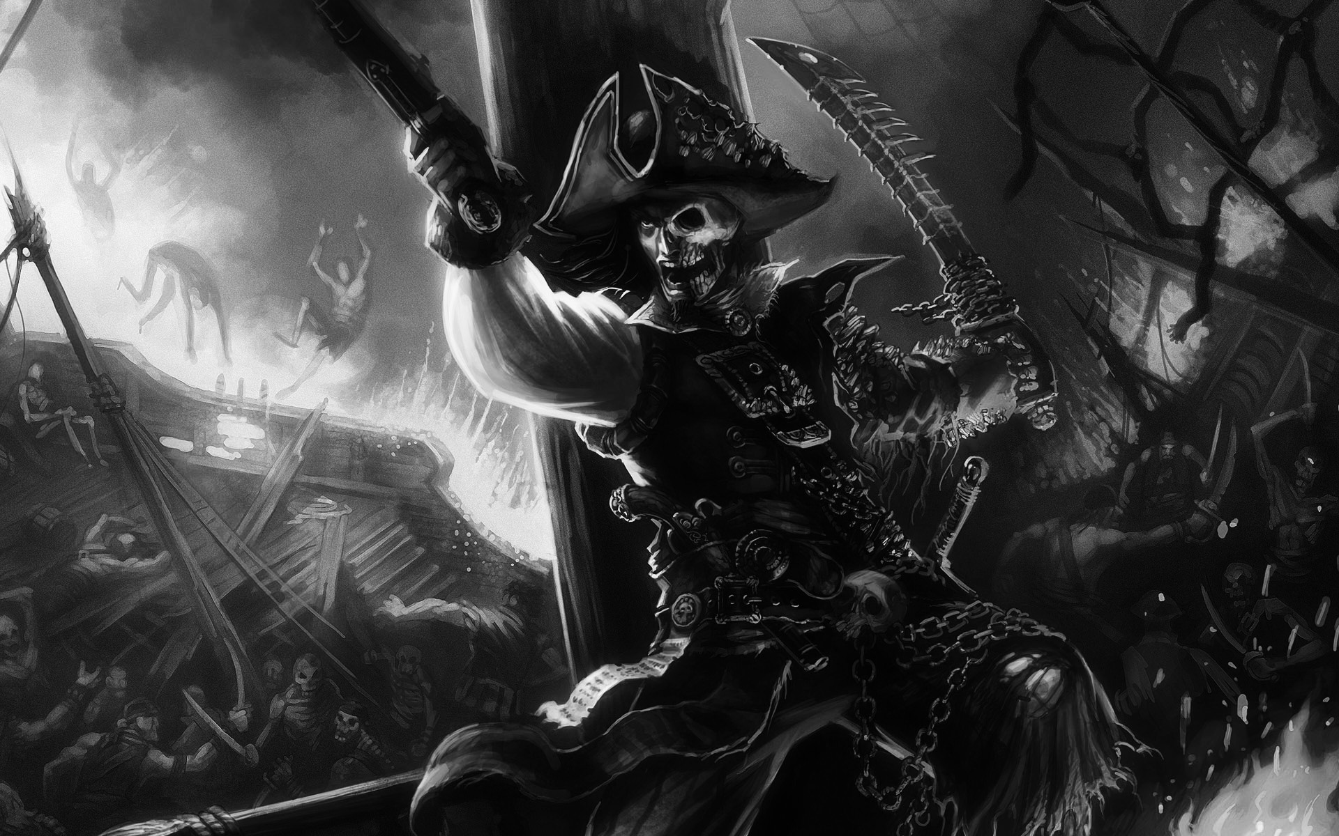 Pirates Kraken Fantasy Art Skull Monochrome 1920x1200