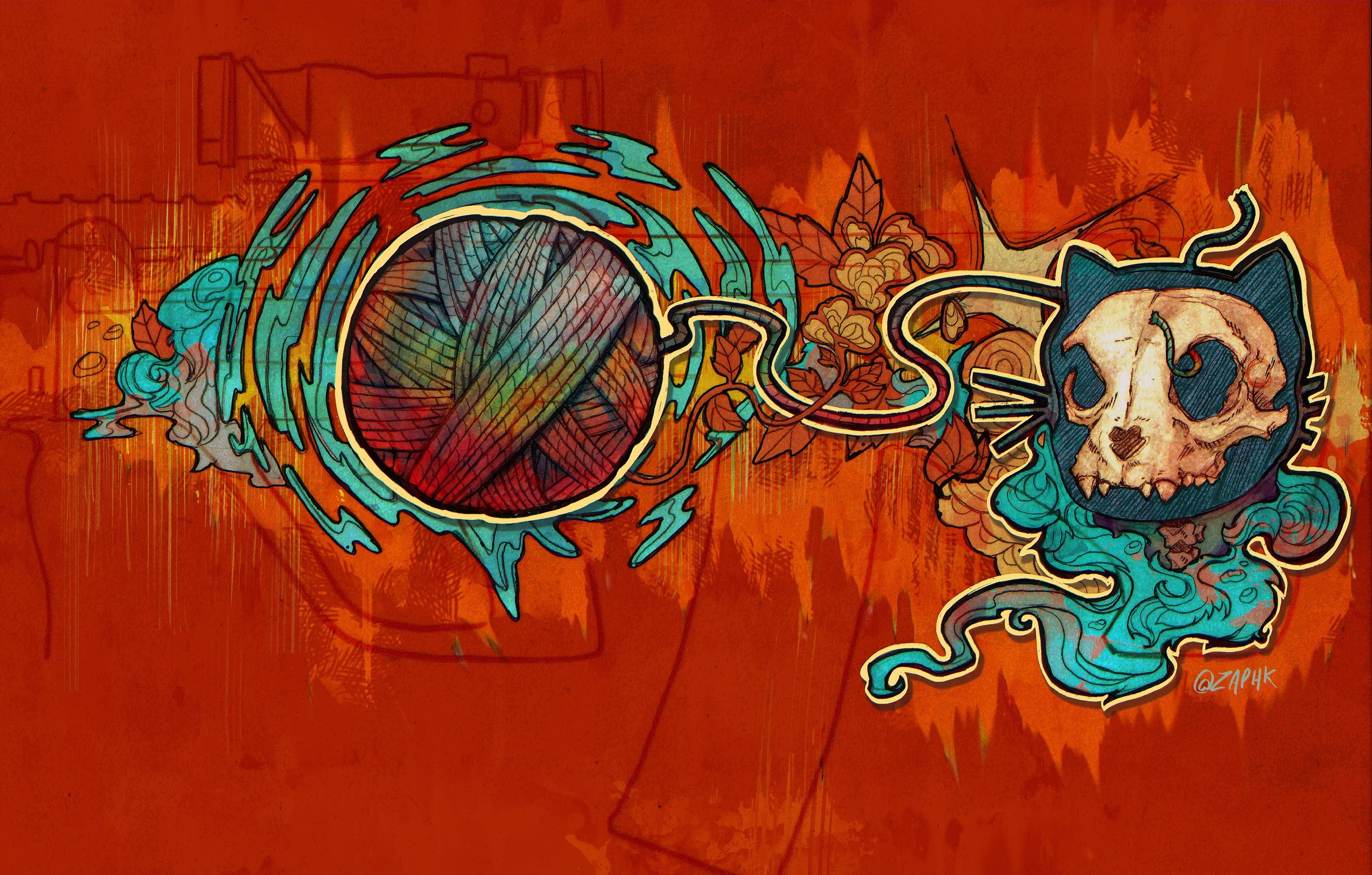 Cats Abstract Yarn Skull Weapon Gun Leaves Colorful 3000x1912