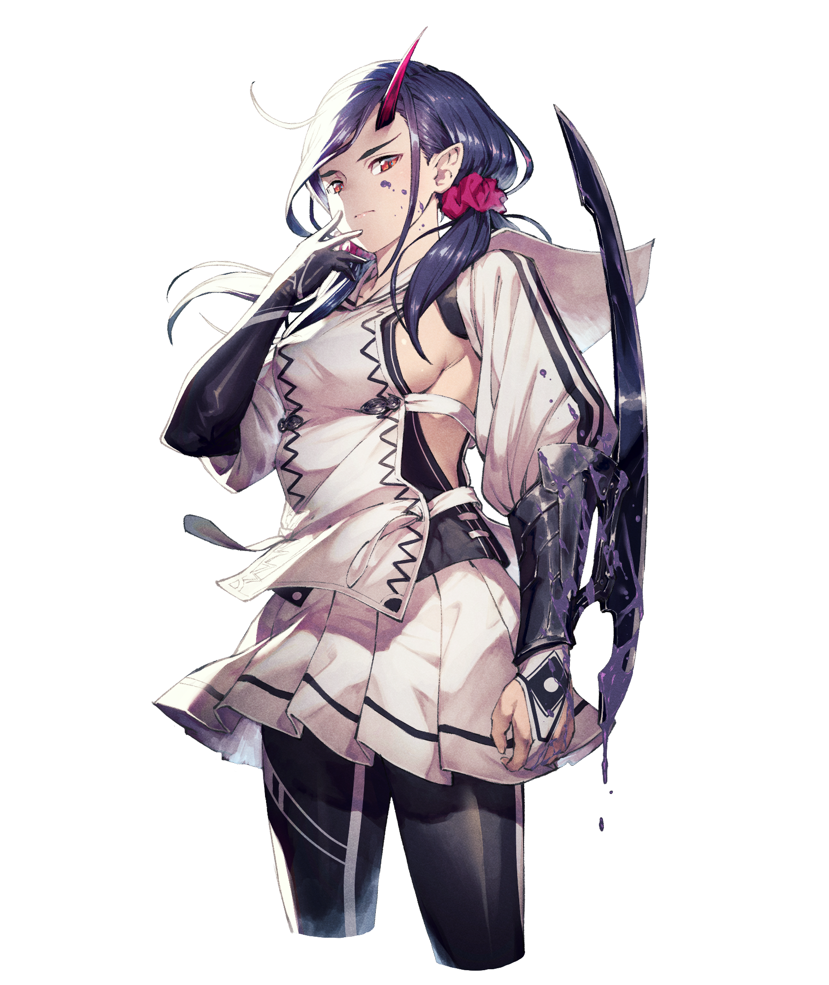 Oni Horns Anime Girls Dark Hair Looking At Viewer Red Eyes Fantasy Girl Weapon White Background Simp 1683x2000