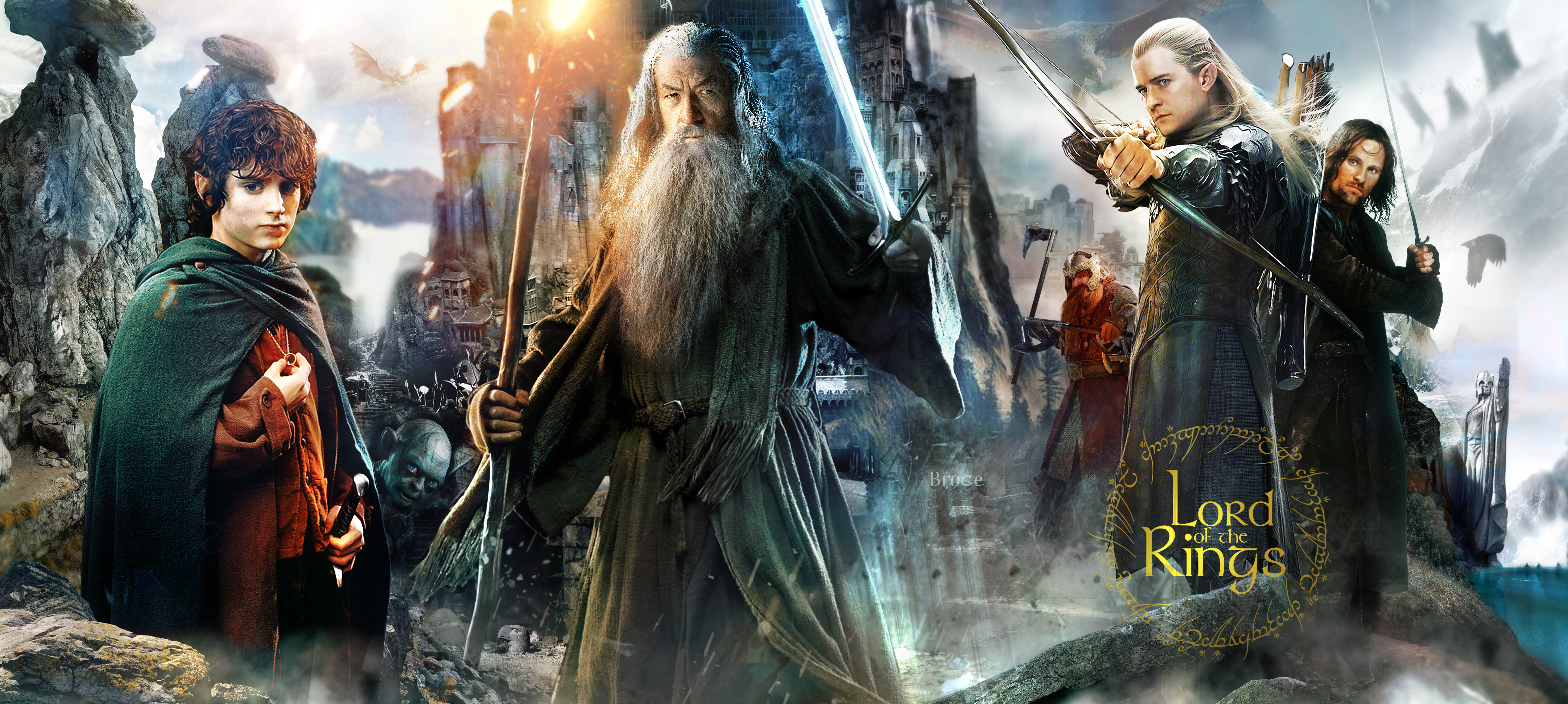 Frodo Baggins Gandalf Legolas Gimli Aragorn 7000x3141