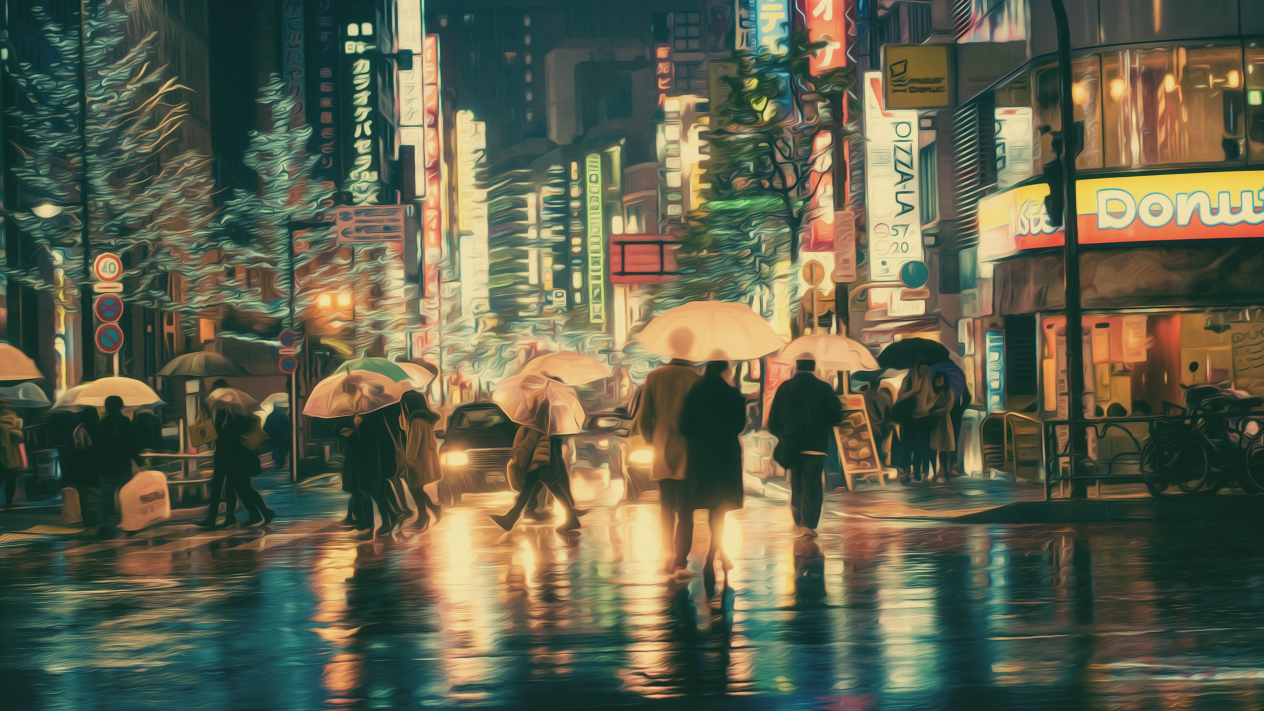 Masashi Wakui Photography Photo Manipulation Umbrella Neon Lights 2560x1440