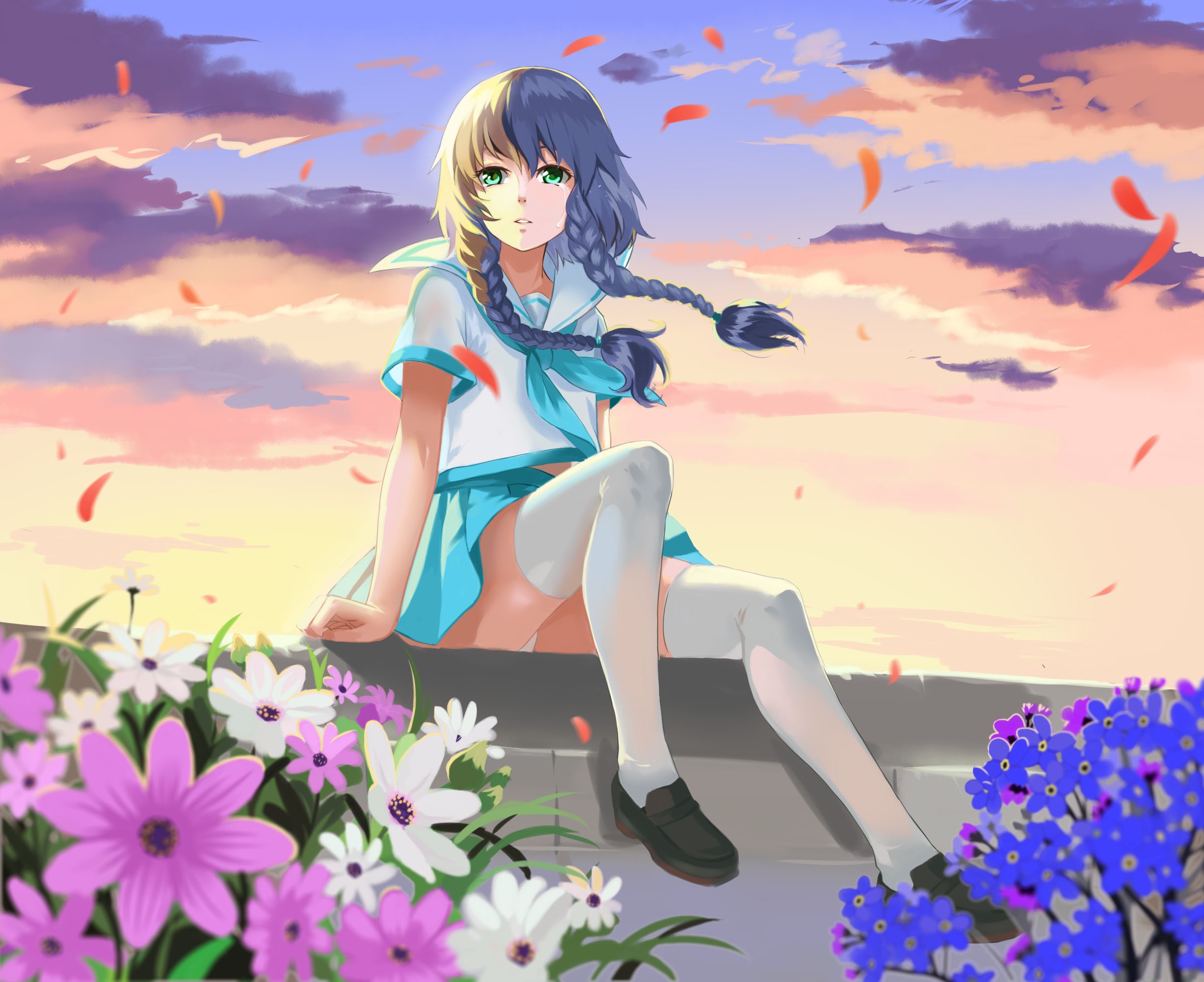Anime Anime Girls Vocaloid Vocaloid China Luo Tianyi Aqua Eyes Flowers Gray Hair Tears Thigh Highs 2453x2000