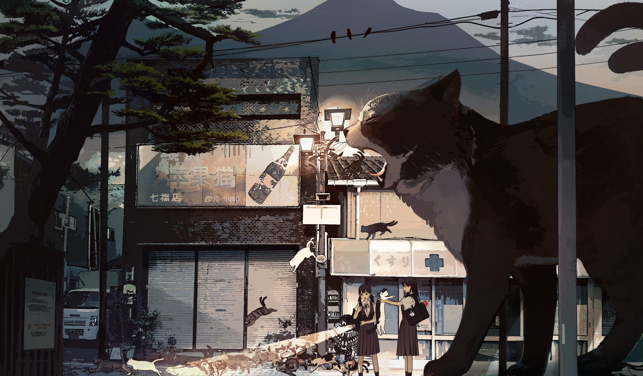 Cats Flashlight Night Schoolgirl Street Light Anime 2048x1198