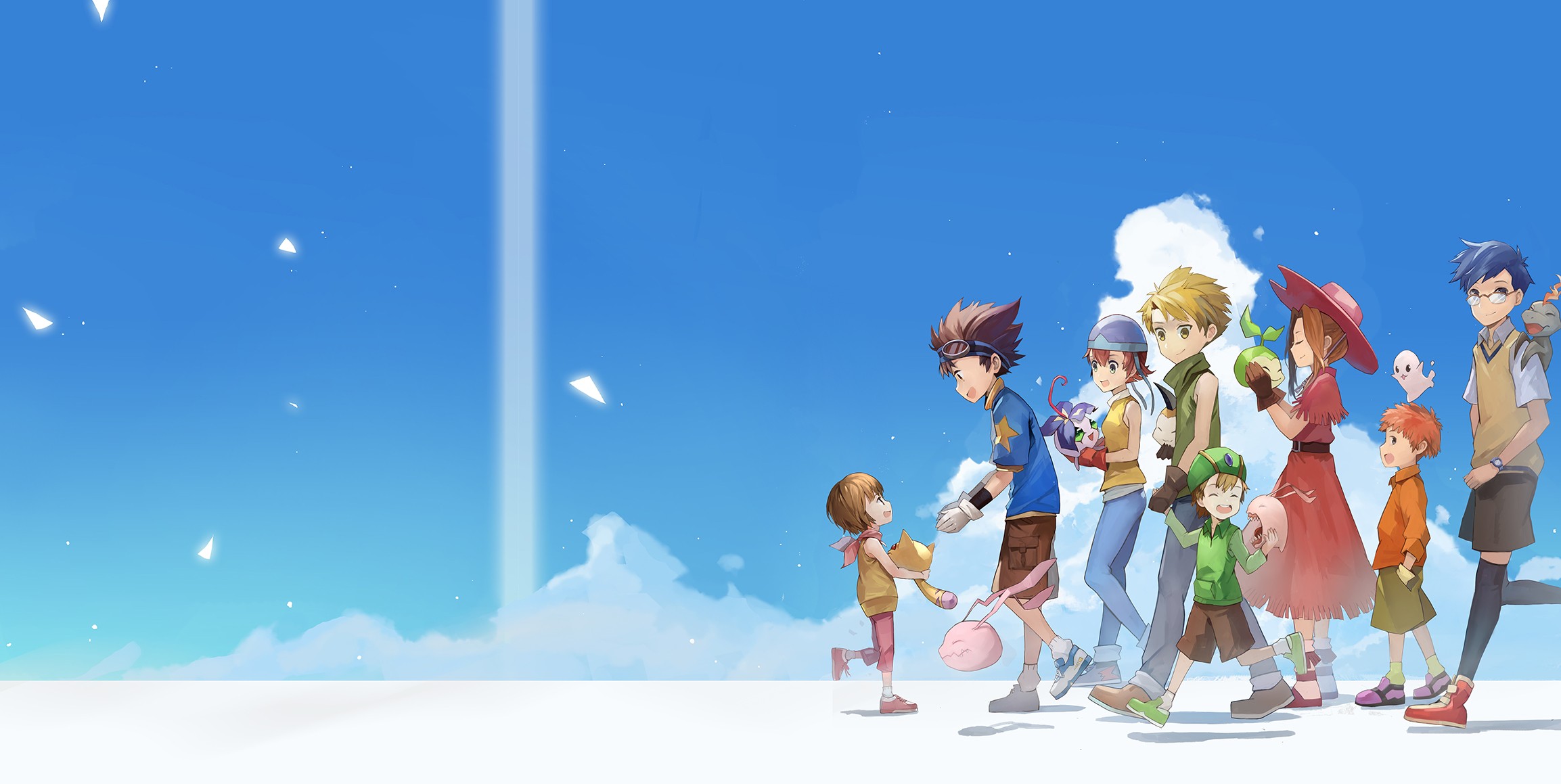 Anime Anime Girls Clouds Digimon Adventure Blonde Glasses Brunette Blue Hair Taichi Yagami Sora Take 2307x1159