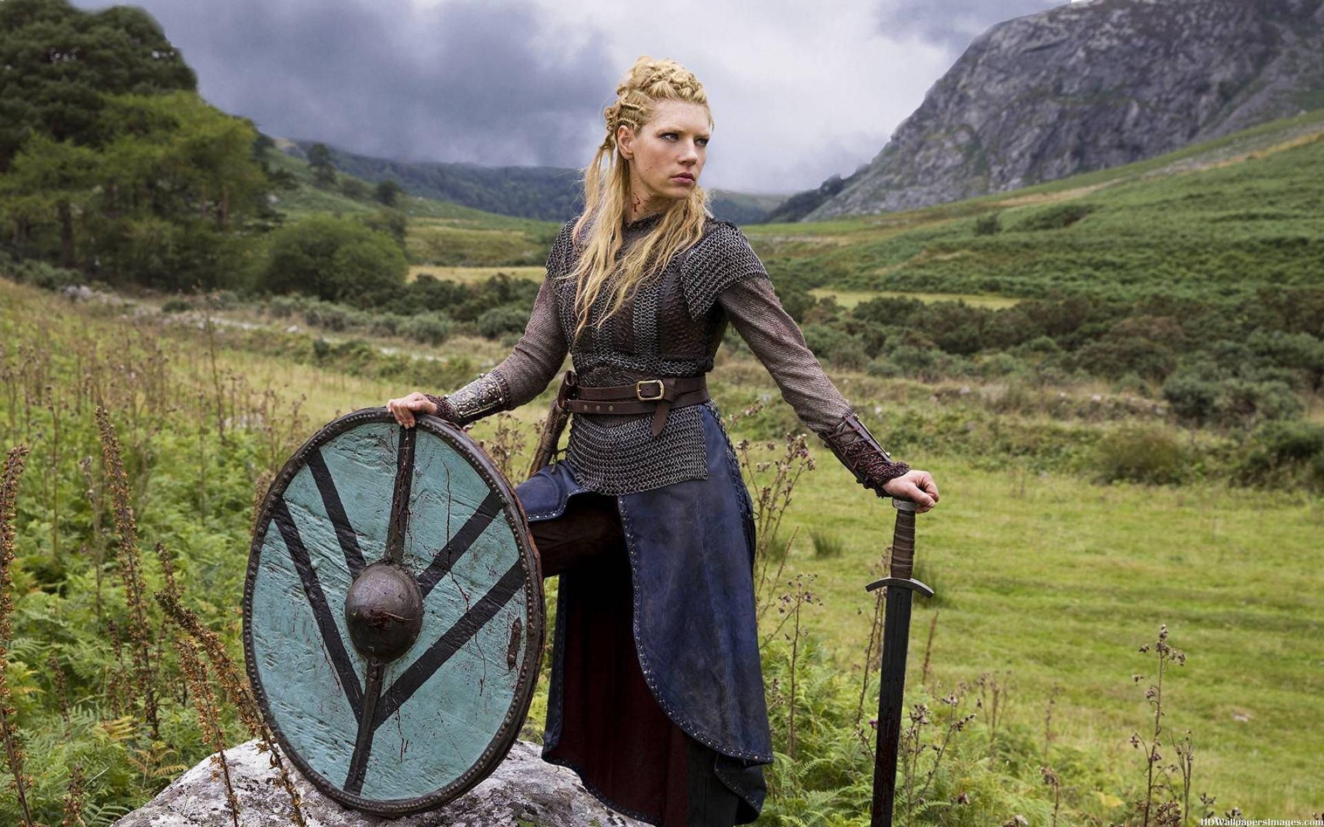 Vikings TV Series Lagertha Lothbrok Women Shield Sword Actress Women Outdoors Blonde Nature Landscap 1920x1200