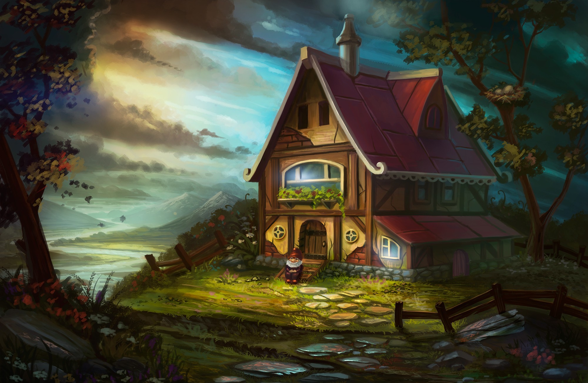 House Gnome Landscape Painting 2000x1305