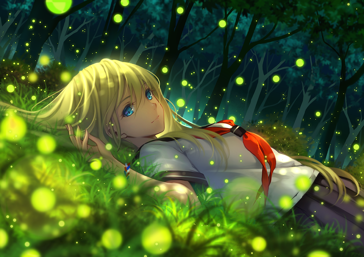 Original Characters School Uniform Anime Blonde Fireflies 1414x1000