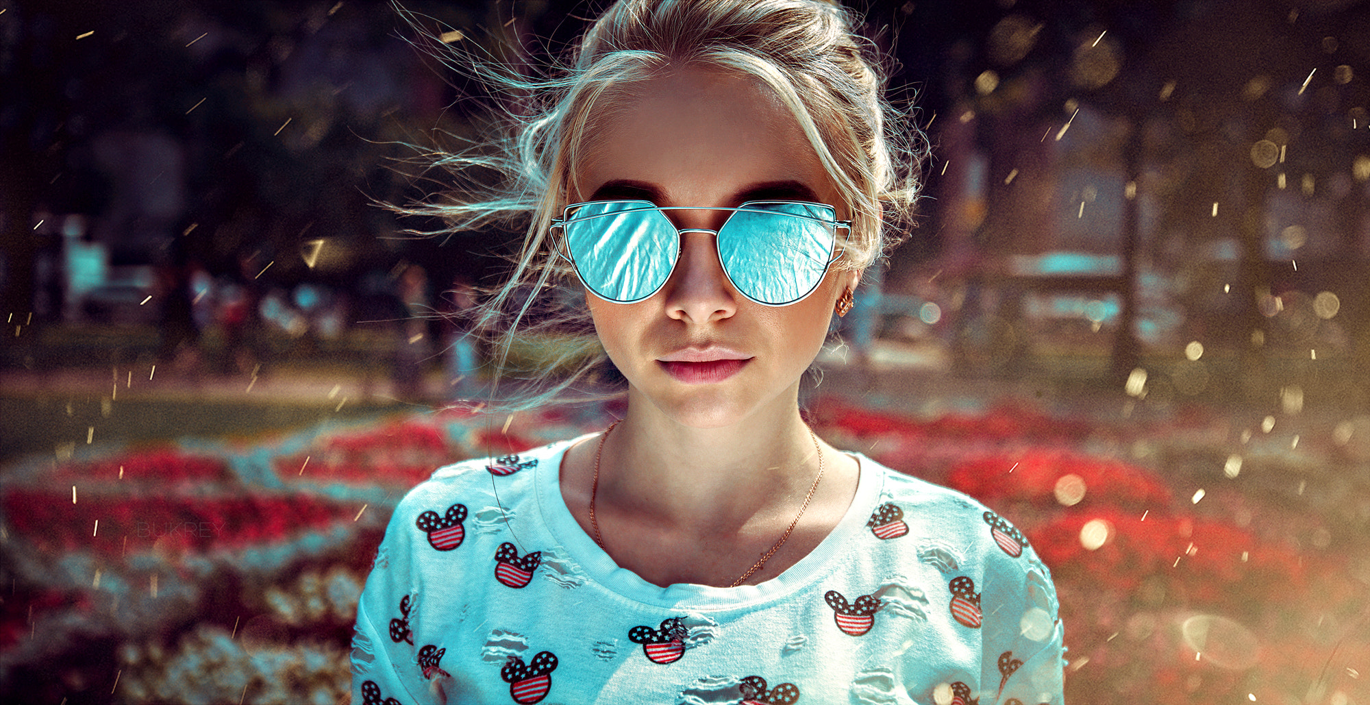 Women Blonde Sunglasses White Shirt Looking At Viewer Face Portrait Bokeh Kirill Bukrey 2000x1029