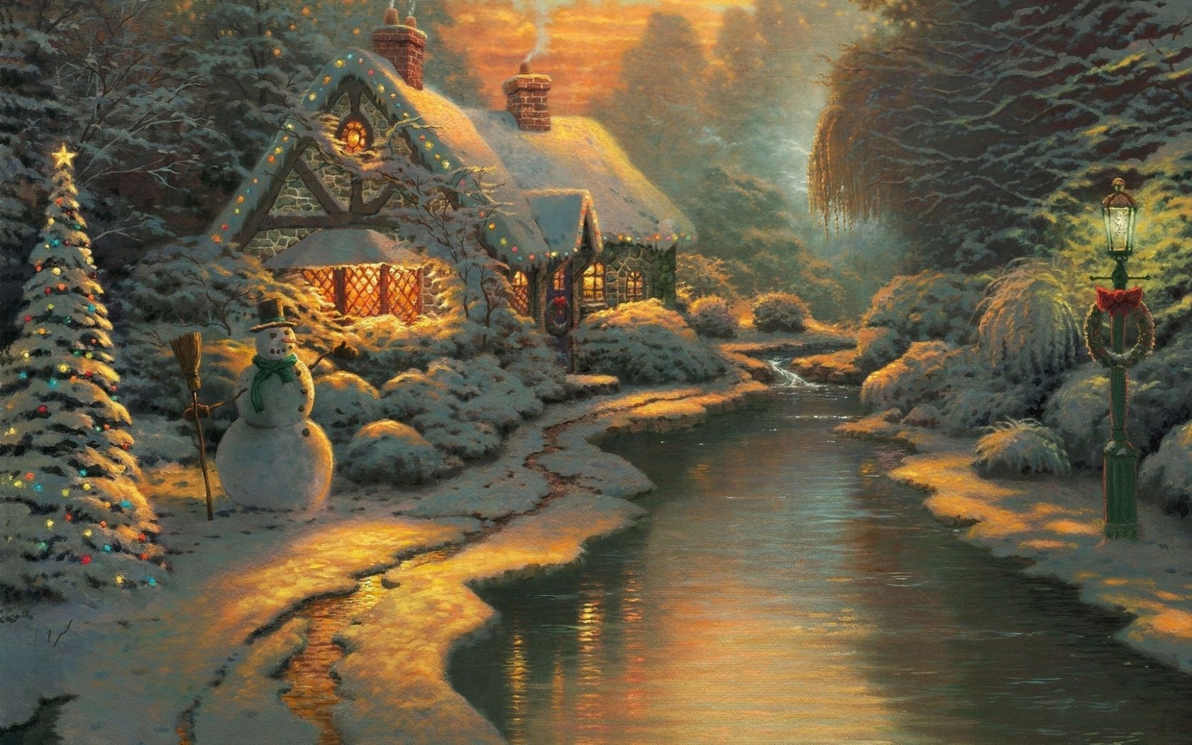 Christmas Postcard Thomas Kinkade Snowman Cottage Stream Christmas Tree Winter Painting 1680x1050