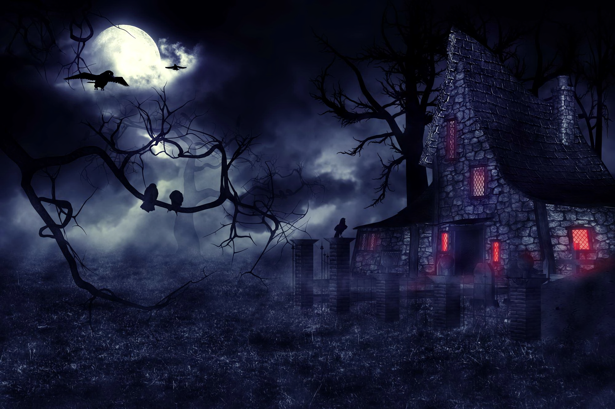 House Dark Creepy Night Moon Tree Raven Haunted House 2000x1333