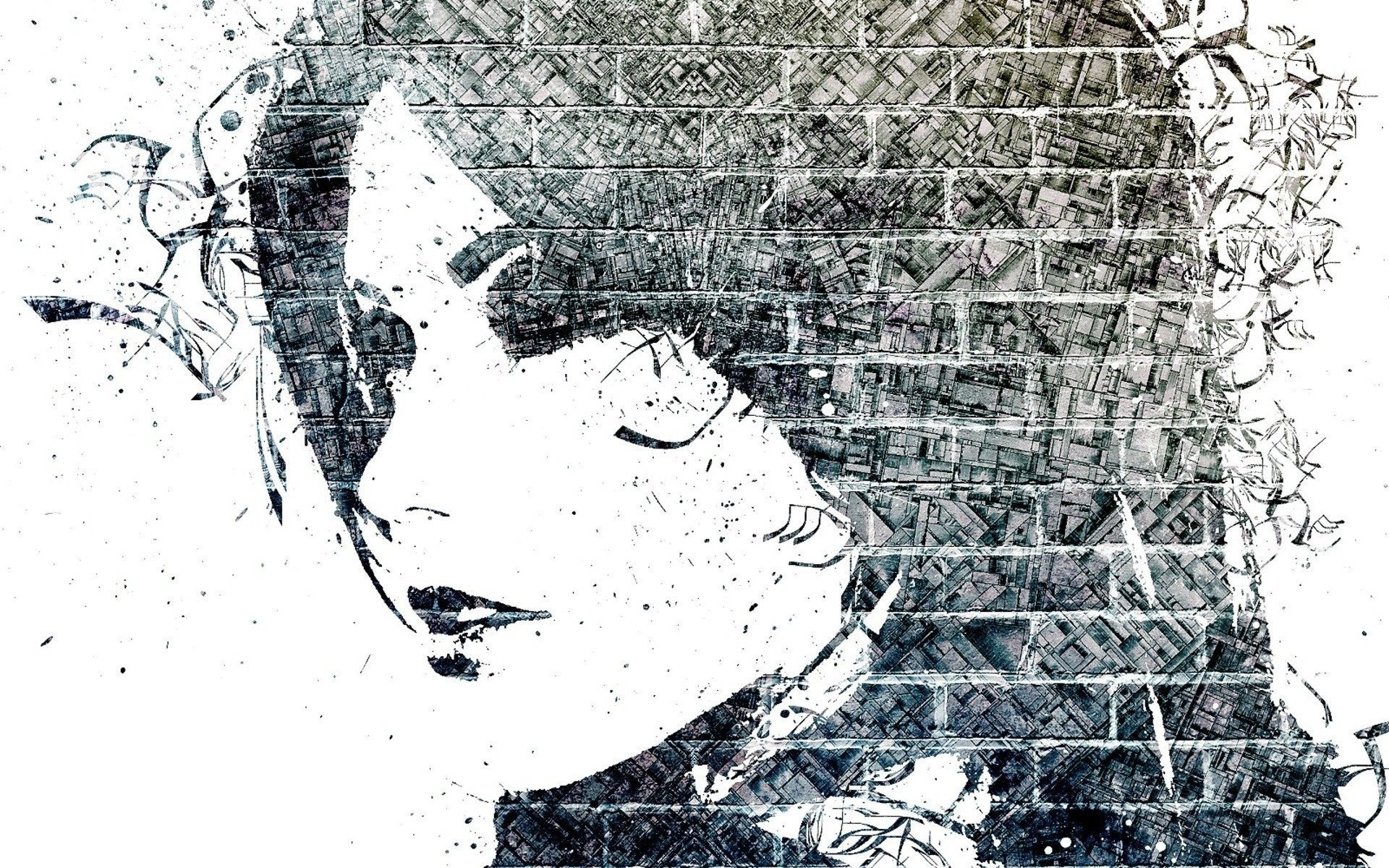 Graffiti Face Monochrome Women Mosaic Paint Splatter Alex Cherry Abstract Artwork 1920x1200