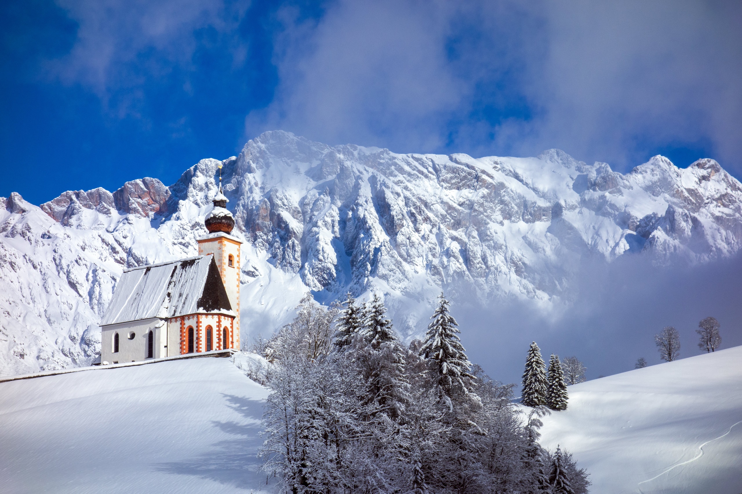 Mountains Berchtesgaden National Park Nature Church Winter Snow 2560x1707