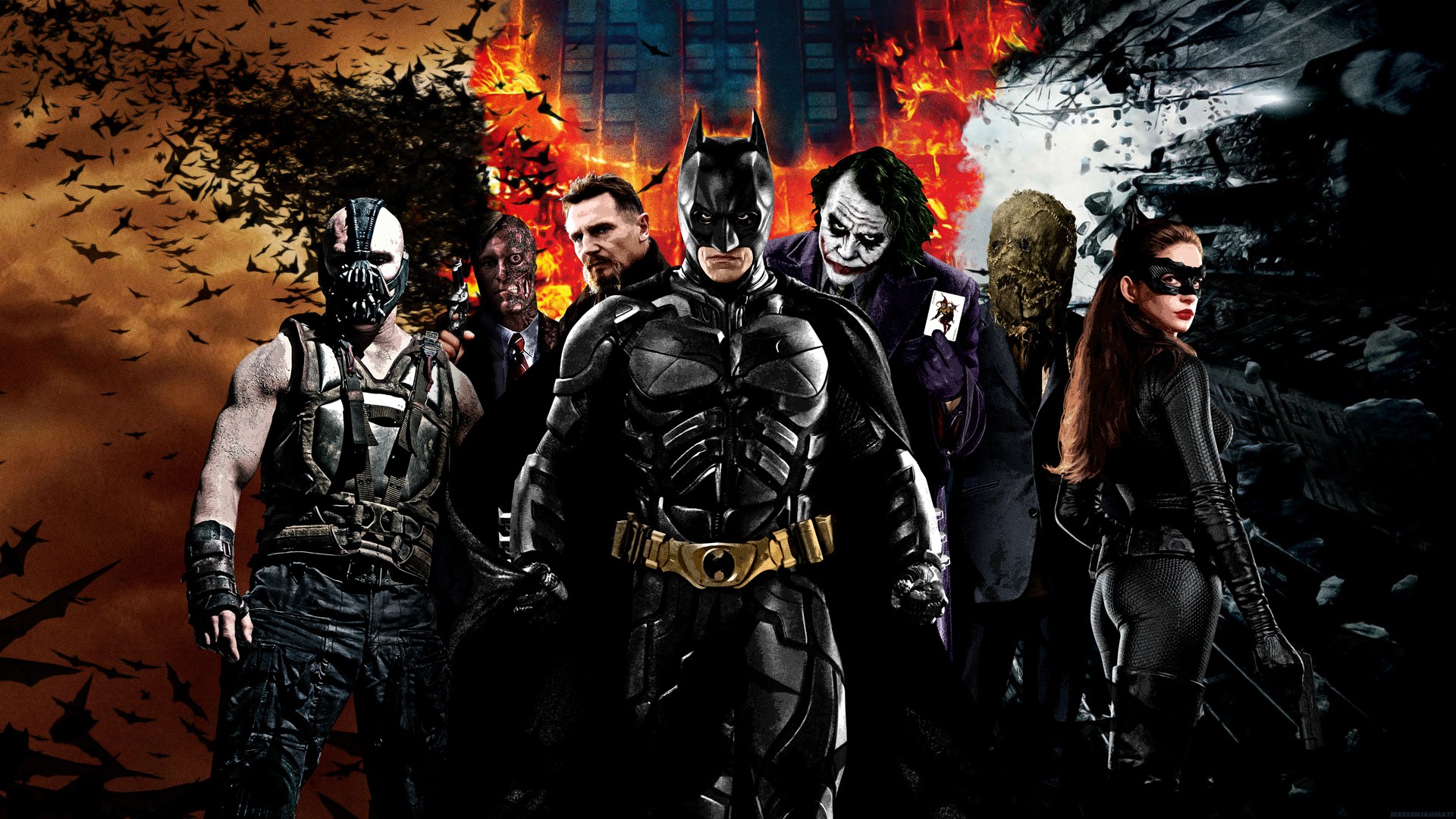 Joker Catwoman Liam Neeson Anne Hathaway Movies Trilogy Collage Christian Bale Batman Begins Superhe 1920x1080