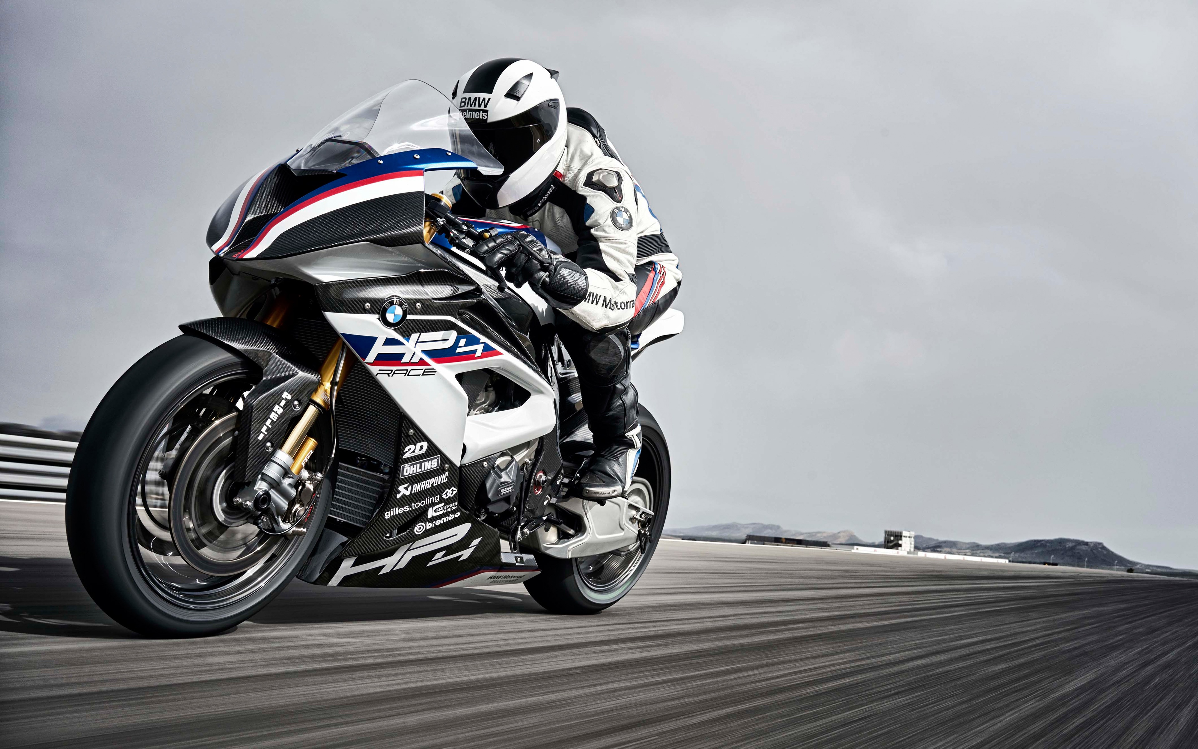 Motorcycle BMW Vehicle Asphalt Hp4 Ohlins Brembo Helmet Akrapovic Pirelli 3840x2400
