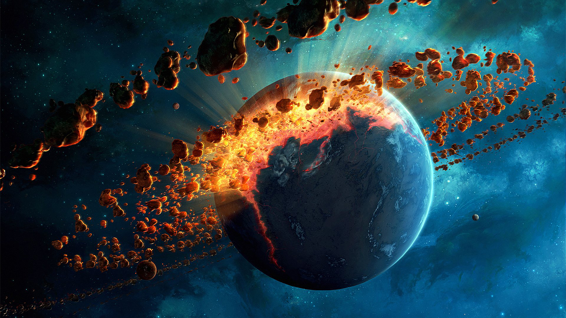 Erik Shoemaker Digital Art Artwork Space Art Planet Asteroids Stars Fire Destruction Earth 1920x1080