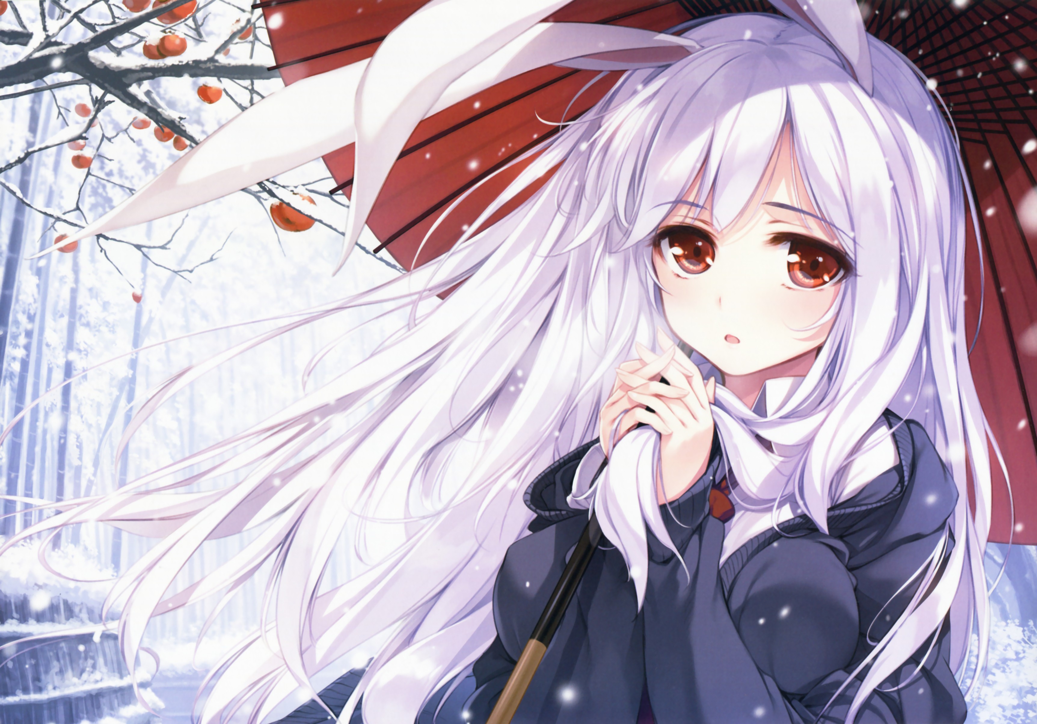 Touhou Anime Reisen Udongein Inaba Touhou Anime Girls Blushing Bunny Ears Fruit Ke Ta Long Hair Umbr 3449x2408