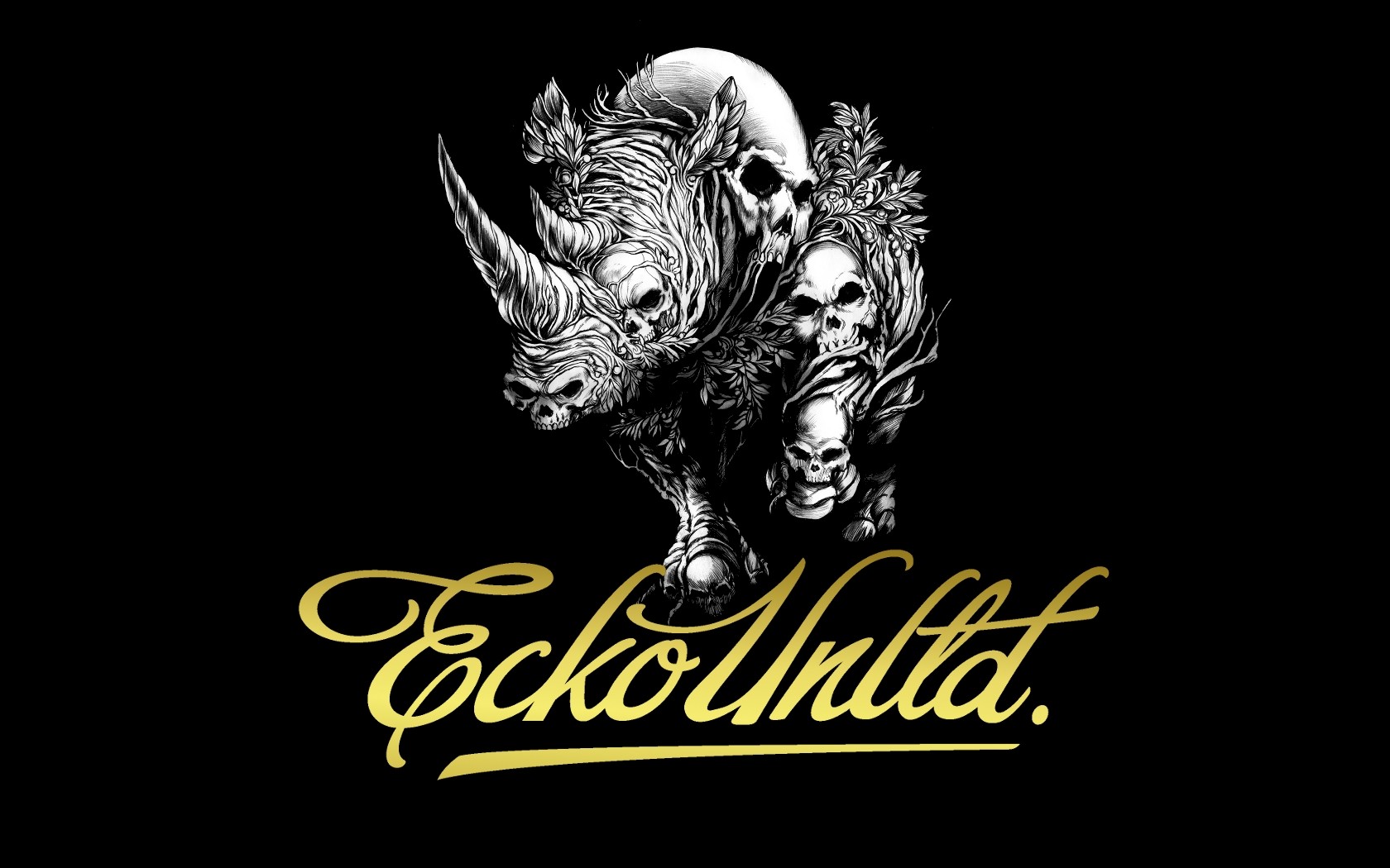 Ecko Skull Black Background Simple Background Rhino Artwork Typography Black Gold Horns 1680x1050