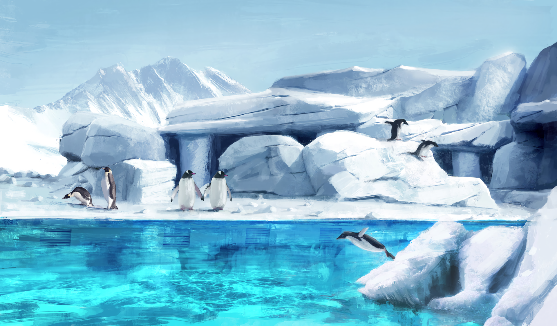 Penguins Animals Ice Pond Mountains Artwork Digital Art Illustration Luciano Neves Cyan 1920x1126